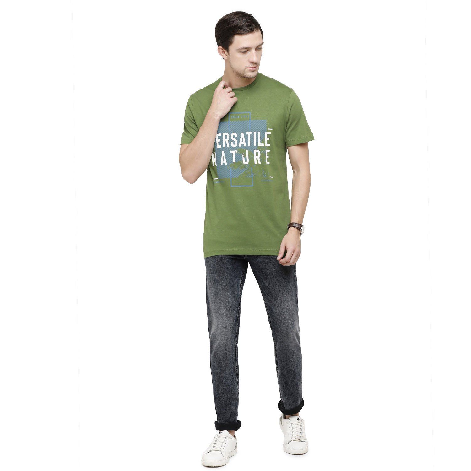 Classic Polo Mens Graphic Print Round Neck Half Sleeve Slim Fit 100% Cotton Olive Green Fashion T-Shirt ( BALENO - 384 B SF C ) T-shirt Classic Polo 