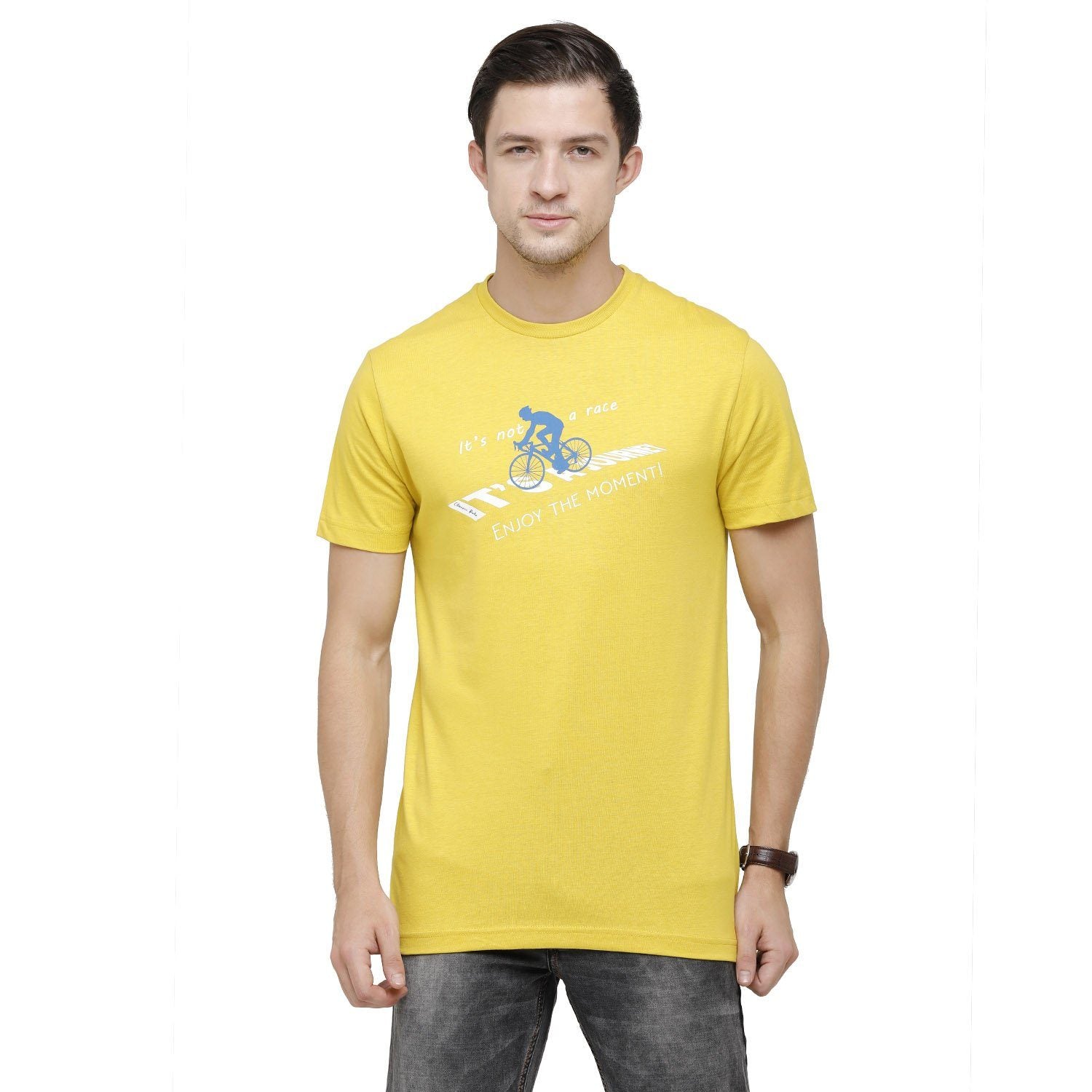 Classic Polo Mens Graphic Print Round Neck Half Sleeve Slim Fit 100% Cotton Lemon Yellow Fashion T-Shirt ( BALENO - 385 B SF C ) T-shirt Classic Polo 