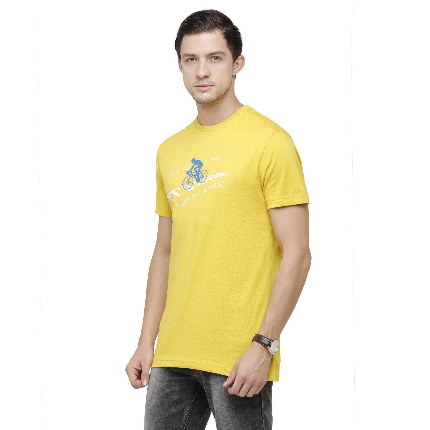 Classic Polo Mens Graphic Print Round Neck Half Sleeve Slim Fit 100% Cotton Lemon Yellow Fashion T-Shirt ( BALENO - 385 B SF C ) T-shirt Classic Polo 