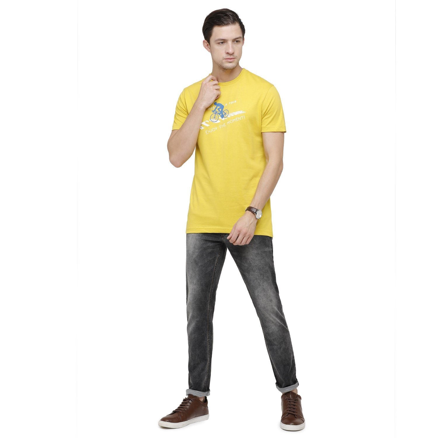 Classic Polo Mens Graphic Print Round Neck Half Sleeve Slim Fit 100% Cotton Lemon Yellow Fashion T-Shirt ( BALENO - 385 B SF C ) T-shirt Classic Polo 