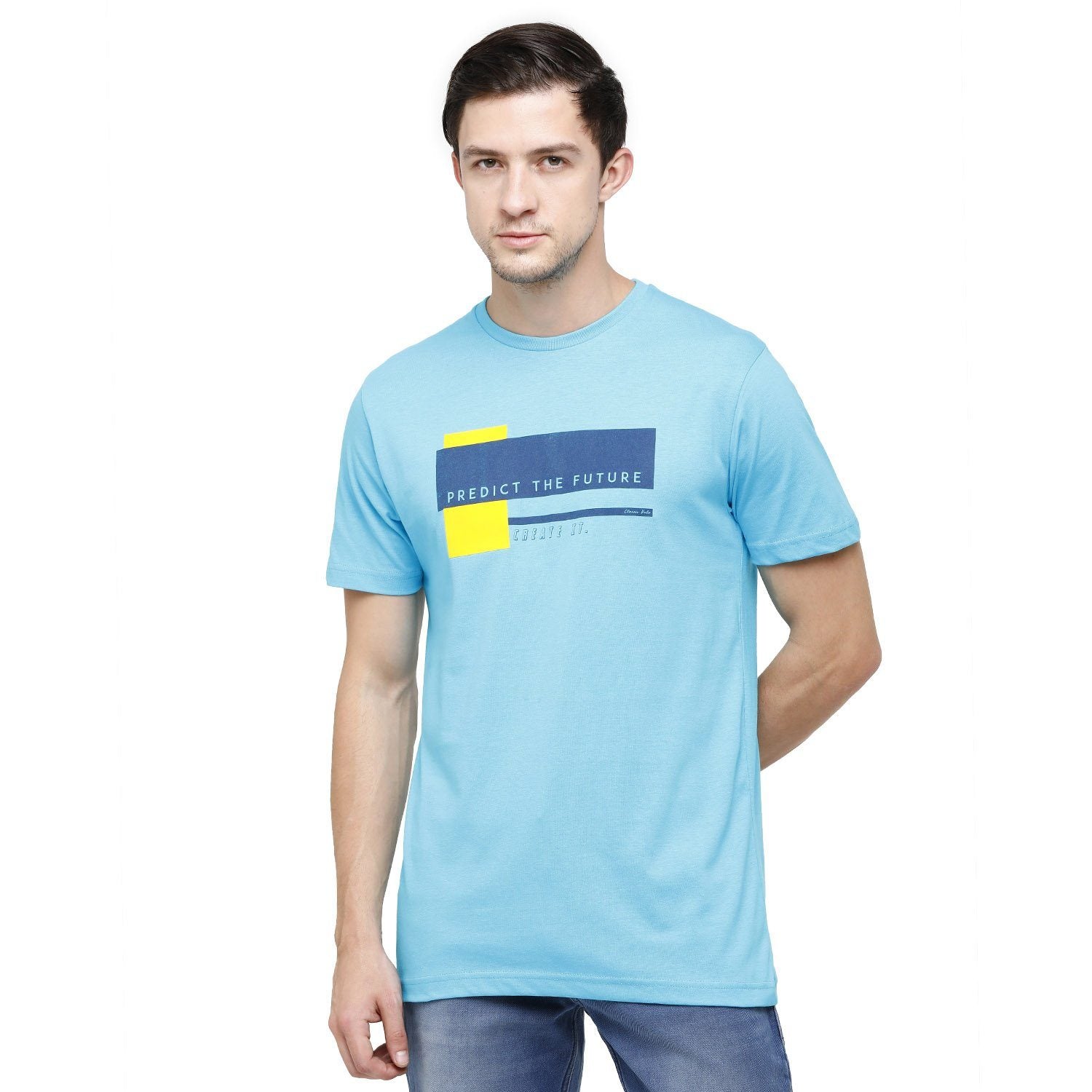 Classic Polo Mens Graphic Print Round Neck Half Sleeve Slim Fit 100% Cotton Turquoise Fashion T-Shirt ( BALENO - 386 A SF C ) T-shirt Classic Polo 