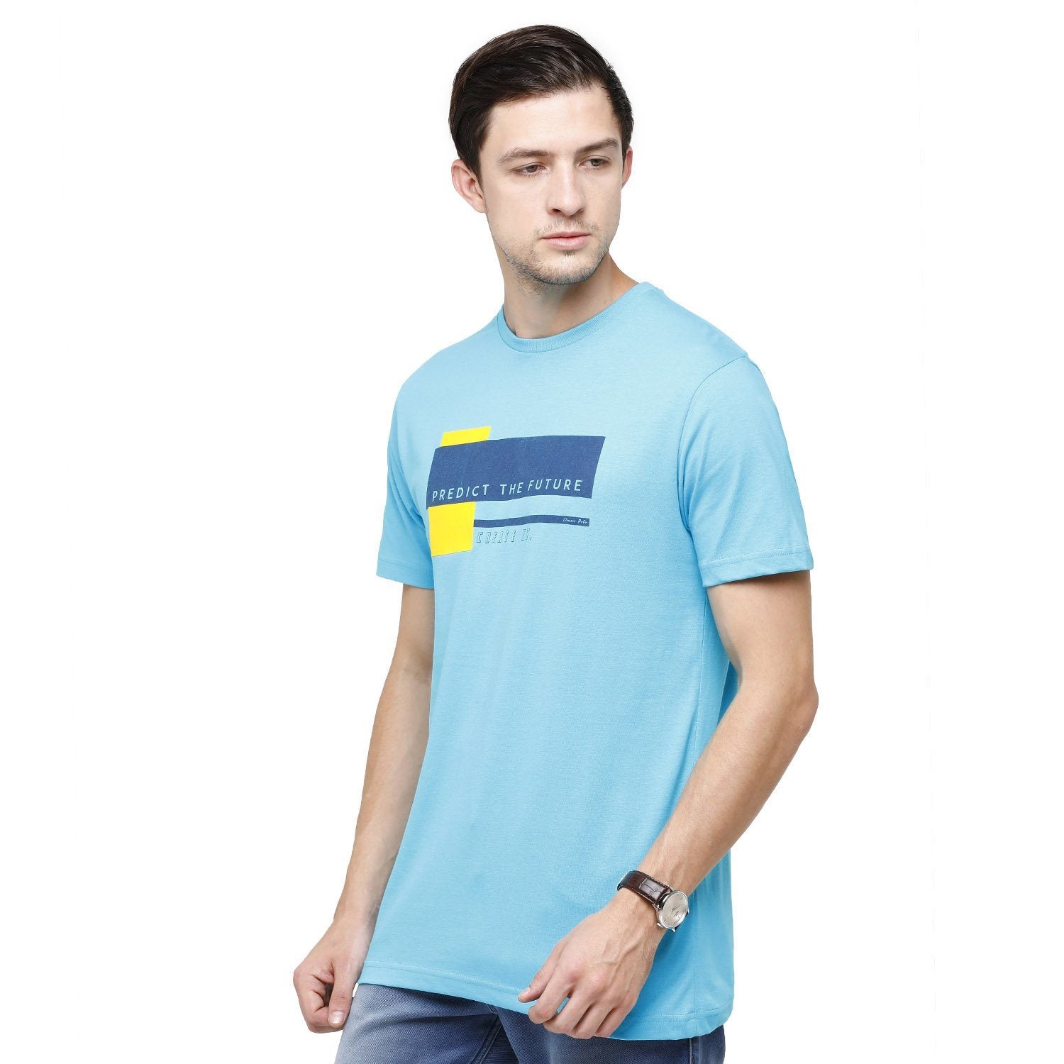 Classic Polo Mens Graphic Print Round Neck Half Sleeve Slim Fit 100% Cotton Turquoise Fashion T-Shirt ( BALENO - 386 A SF C ) T-shirt Classic Polo 