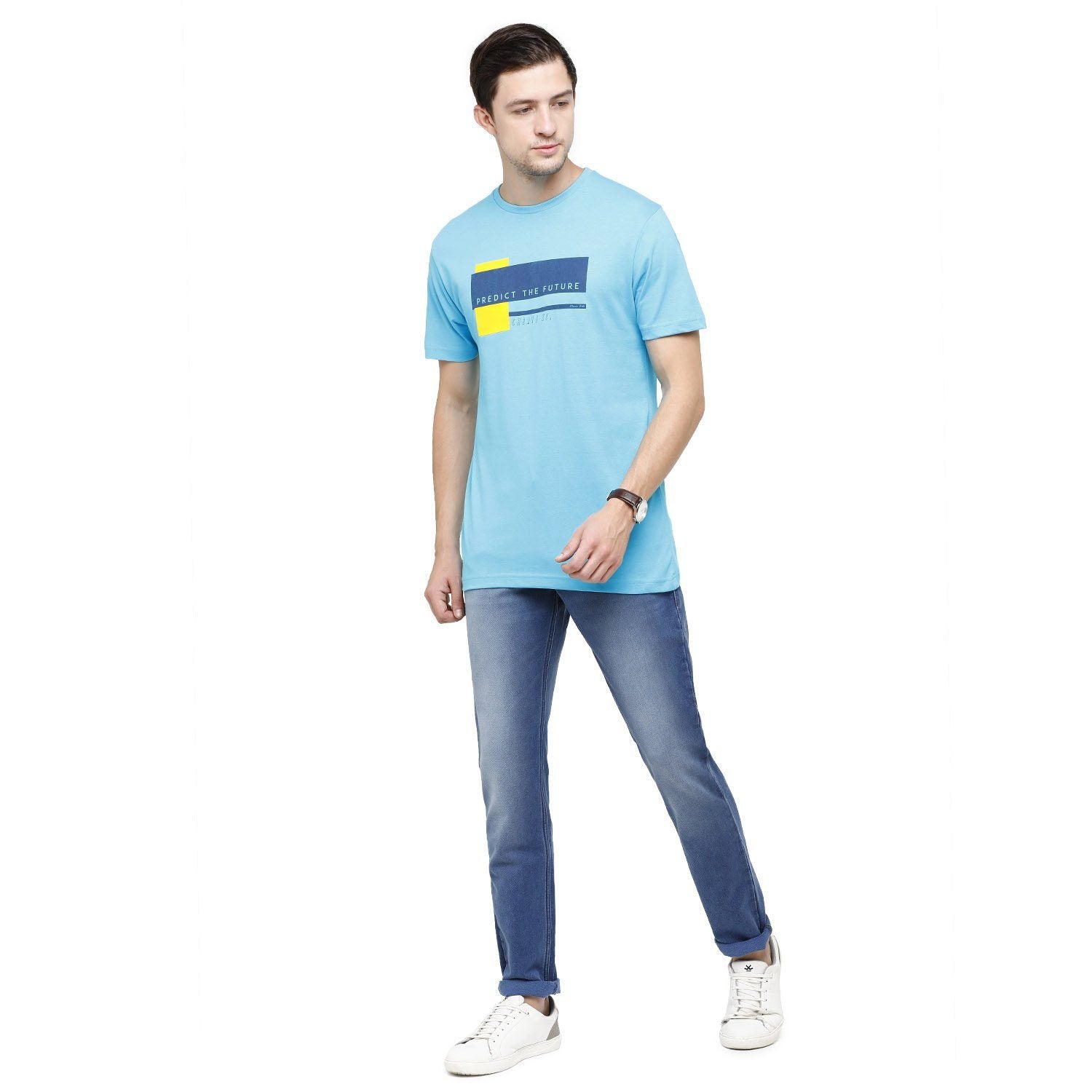 Classic Polo Mens Graphic Print Round Neck Half Sleeve Slim Fit 100% Cotton Turquoise Fashion T-Shirt ( BALENO - 386 A SF C ) T-shirt Classic Polo 