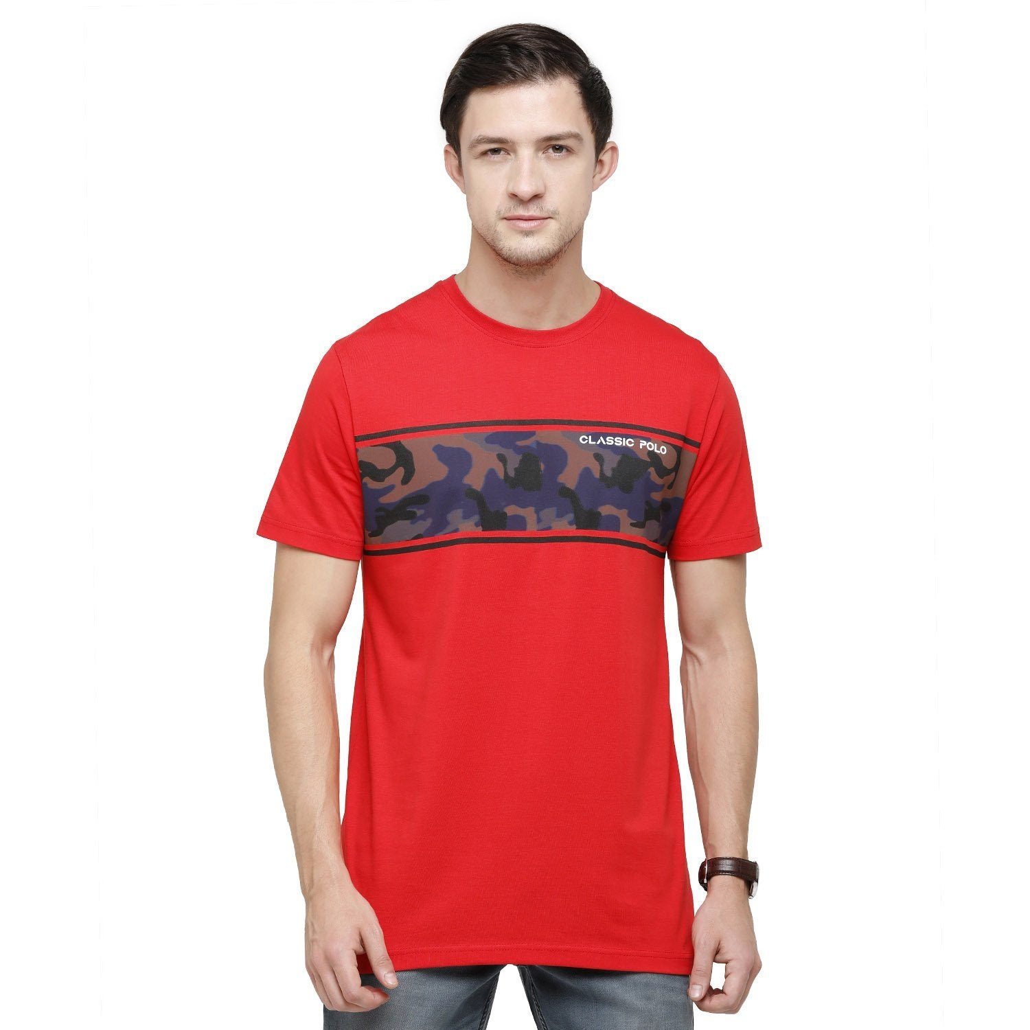 Classic Polo Mens Graphic Print Round Neck Half Sleeve Slim Fit 100% Cotton Red Fashion T-Shirt ( BALENO - 387 A SF C ) T-shirt Classic Polo 