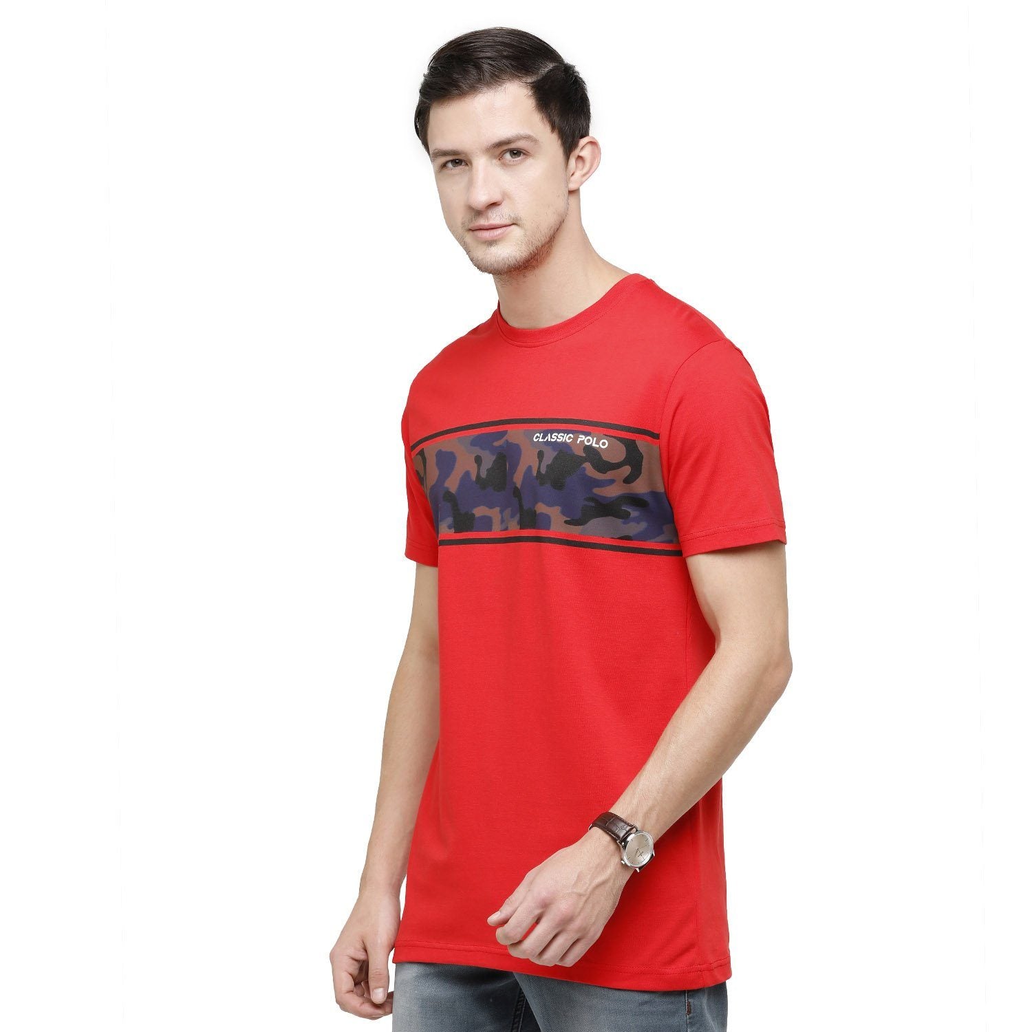Classic Polo Mens Graphic Print Round Neck Half Sleeve Slim Fit 100% Cotton Red Fashion T-Shirt ( BALENO - 387 A SF C ) T-shirt Classic Polo 