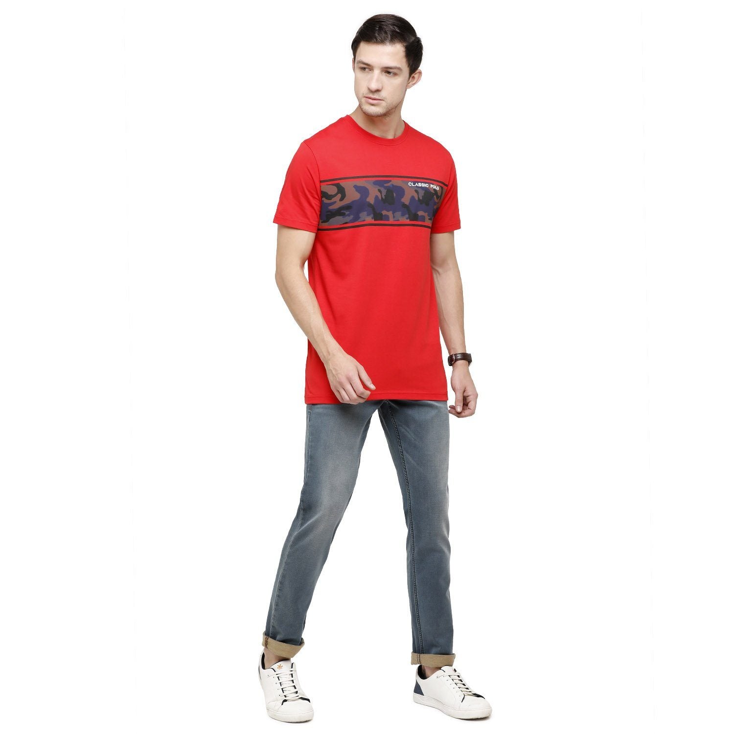 Classic Polo Mens Graphic Print Round Neck Half Sleeve Slim Fit 100% Cotton Red Fashion T-Shirt ( BALENO - 387 A SF C ) T-shirt Classic Polo 