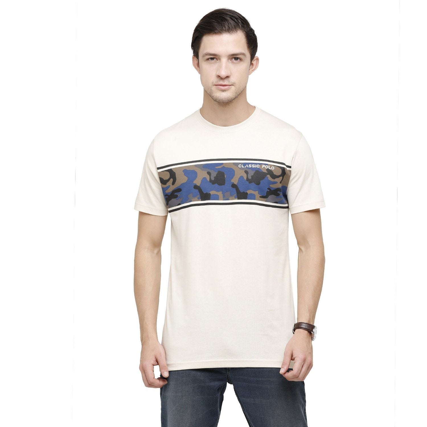 Classic Polo Mens Graphic Print Round Neck Half Sleeve Slim Fit 100% Cotton White Fashion T-Shirt ( BALENO - 387 B SF C ) T-shirt Classic Polo 