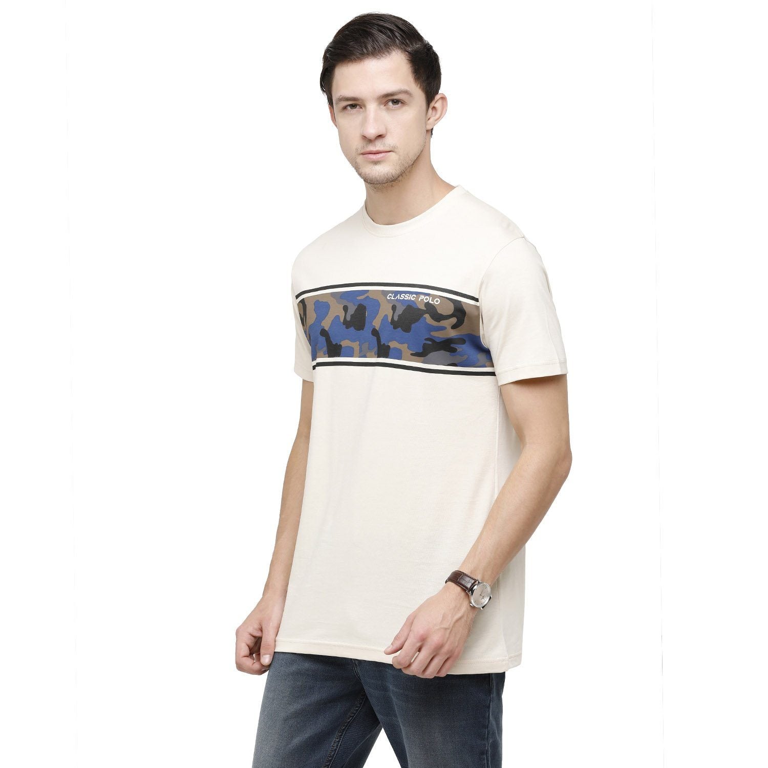 Classic Polo Mens Graphic Print Round Neck Half Sleeve Slim Fit 100% Cotton White Fashion T-Shirt ( BALENO - 387 B SF C ) T-shirt Classic Polo 