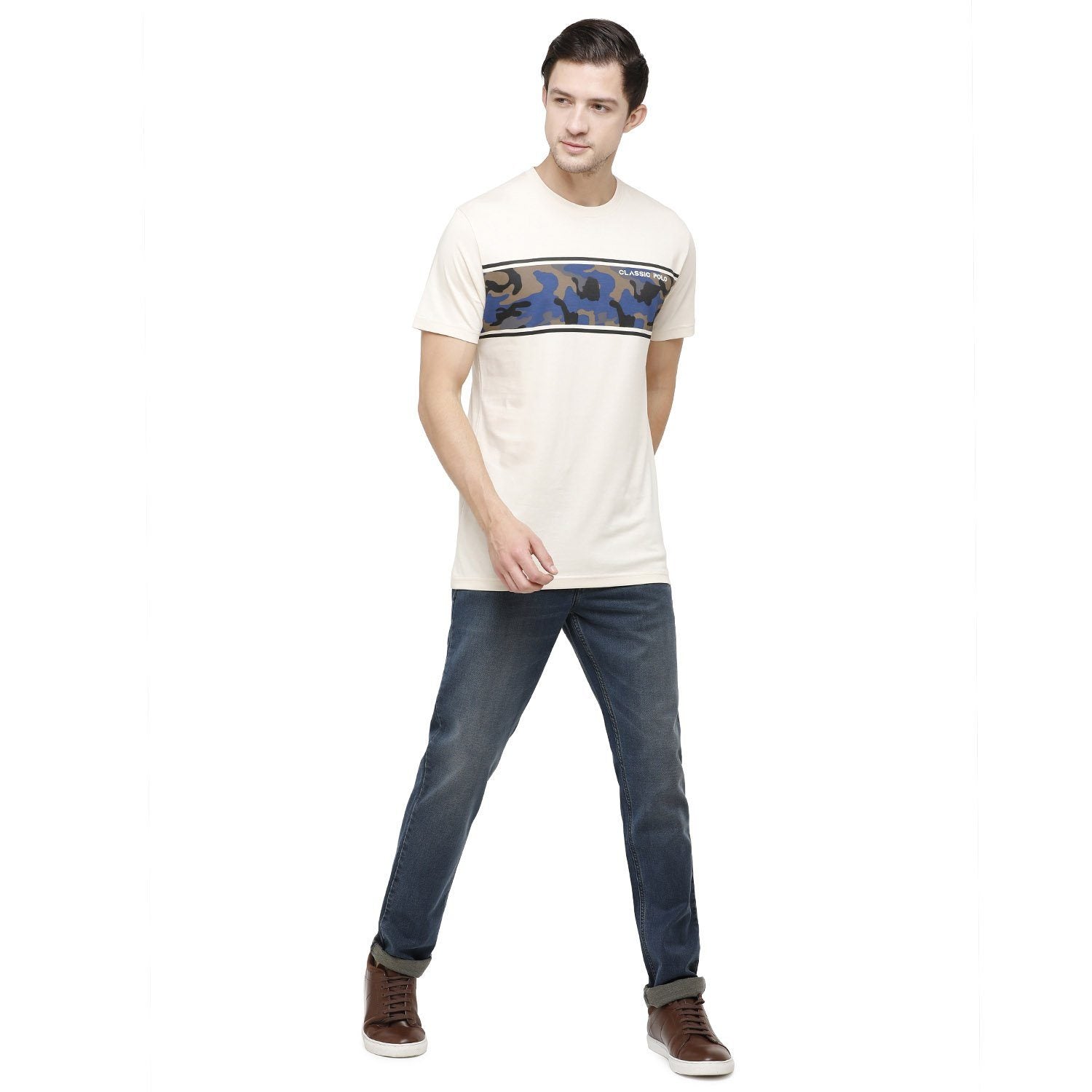 Classic Polo Mens Graphic Print Round Neck Half Sleeve Slim Fit 100% Cotton White Fashion T-Shirt ( BALENO - 387 B SF C ) T-shirt Classic Polo 