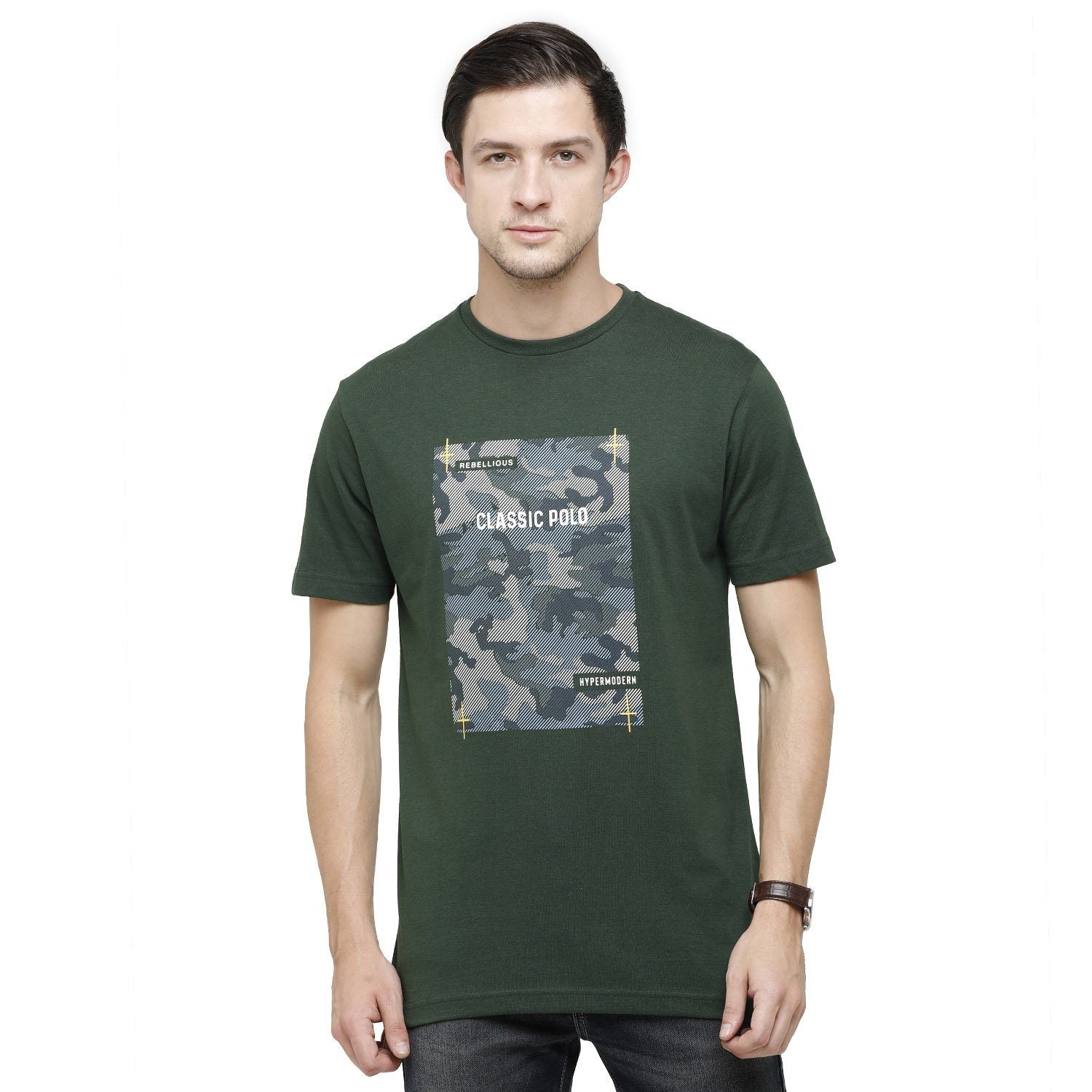 Classic Polo Mens Graphic Print Round Neck Half Sleeve Slim Fit 100% Cotton Dark Green Fashion T-Shirt ( BALENO - 393 B SF C ) T-shirt Classic Polo 