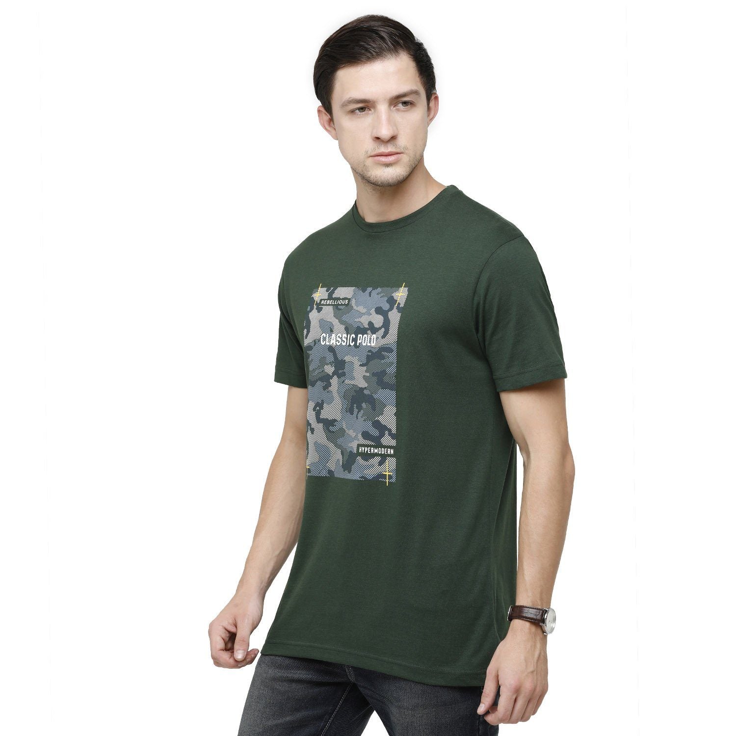 Classic Polo Mens Graphic Print Round Neck Half Sleeve Slim Fit 100% Cotton Dark Green Fashion T-Shirt ( BALENO - 393 B SF C ) T-shirt Classic Polo 