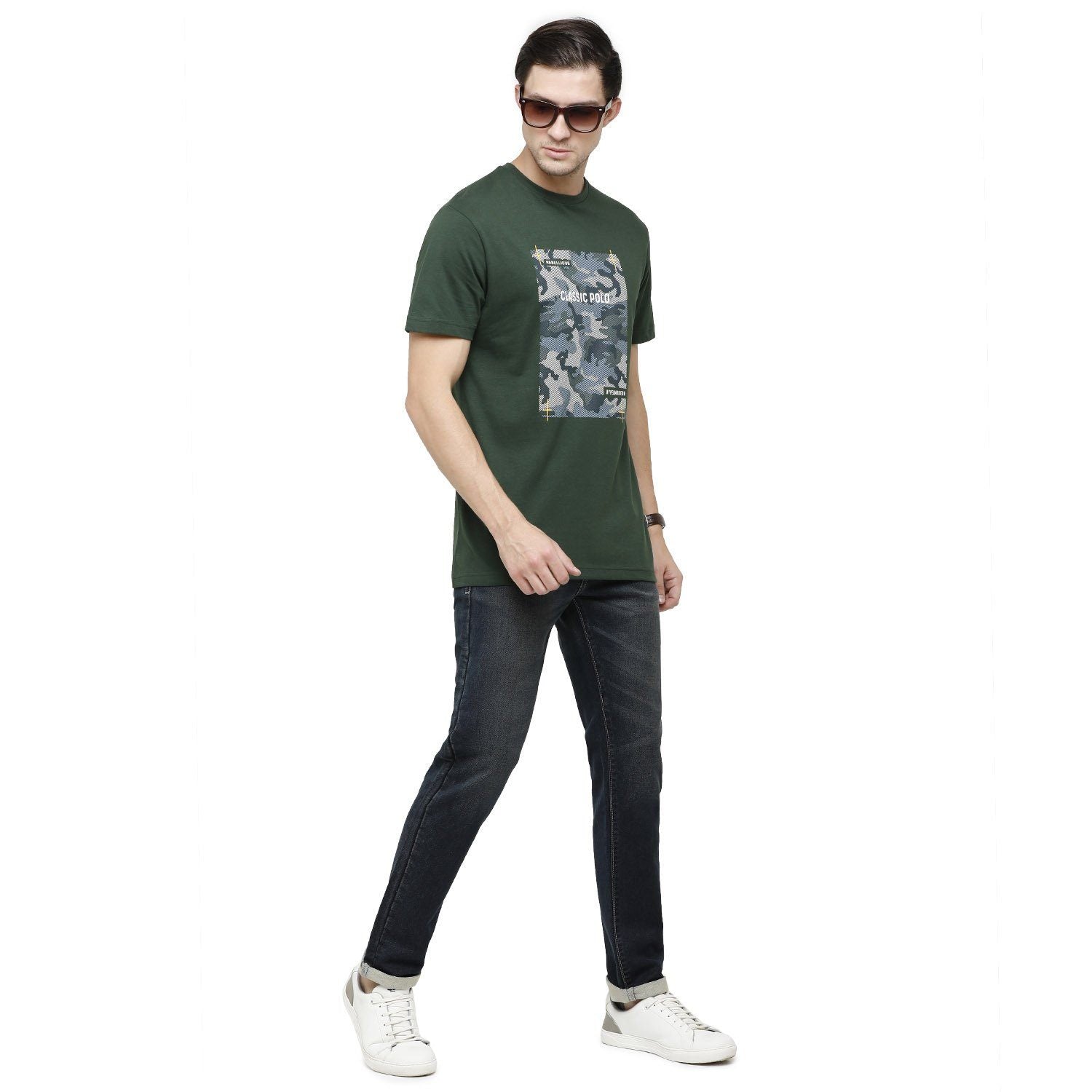 Classic Polo Mens Graphic Print Round Neck Half Sleeve Slim Fit 100% Cotton Dark Green Fashion T-Shirt ( BALENO - 393 B SF C ) T-shirt Classic Polo 