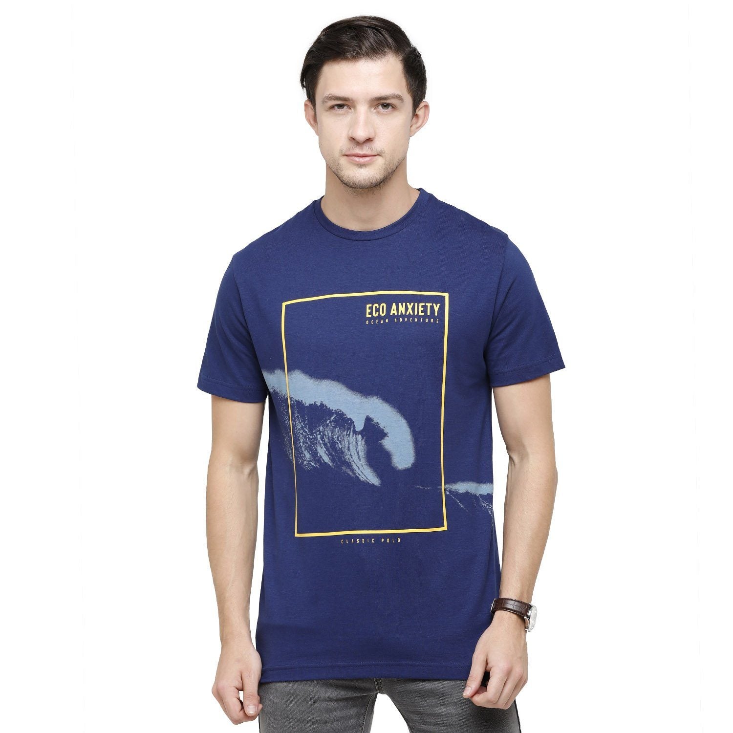 Classic Polo Mens Graphic Print Round Neck Half Sleeve Slim Fit 100% Cotton Navy Fashion T-Shirt ( BALENO - 394 B SF C ) T-shirt Classic Polo 