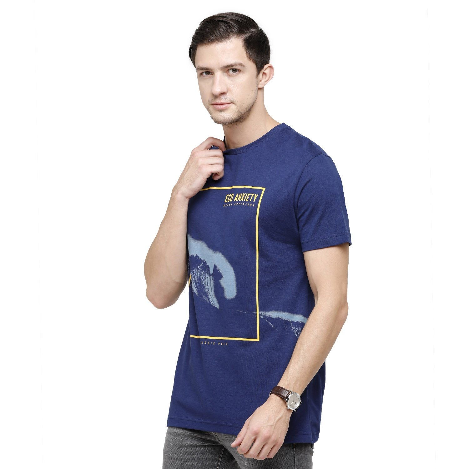 Classic Polo Mens Graphic Print Round Neck Half Sleeve Slim Fit 100% Cotton Navy Fashion T-Shirt ( BALENO - 394 B SF C ) T-shirt Classic Polo 