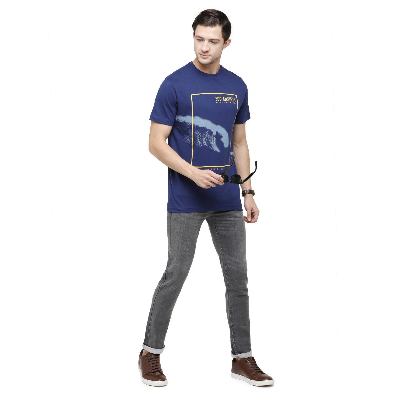 Classic Polo Mens Graphic Print Round Neck Half Sleeve Slim Fit 100% Cotton Navy Fashion T-Shirt ( BALENO - 394 B SF C ) T-shirt Classic Polo 