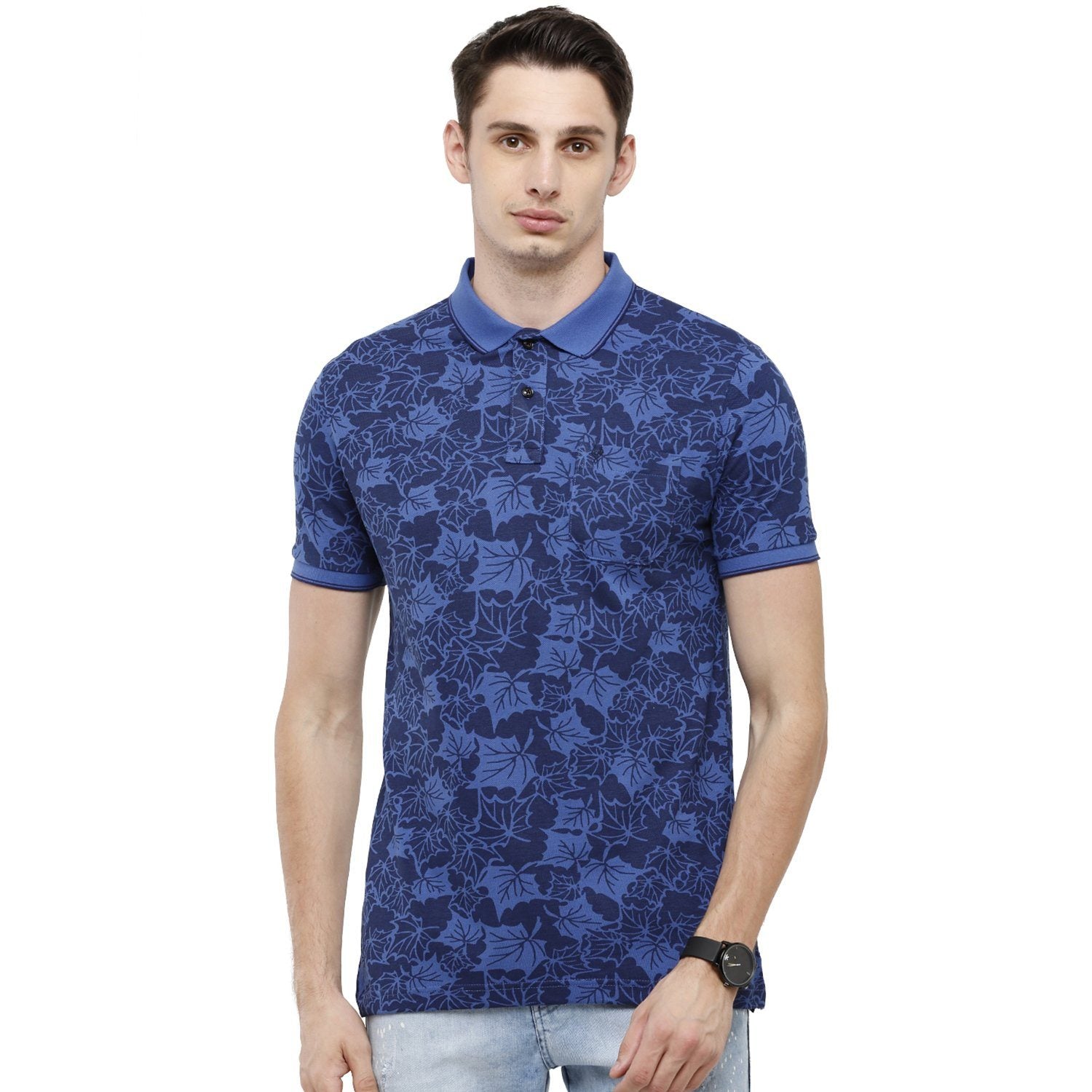 Classic Polo Mens Printed Slim Fit Half Sleeve Polo Neck Blue T-Shirt - BEAU - 146 B SF P T-shirt Classic Polo 