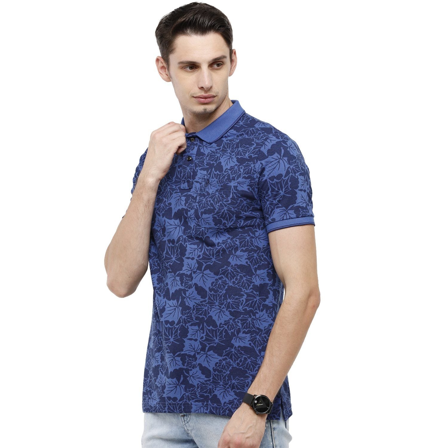 Classic Polo Mens Printed Slim Fit Half Sleeve Polo Neck Blue T-Shirt - BEAU - 146 B SF P T-shirt Classic Polo 