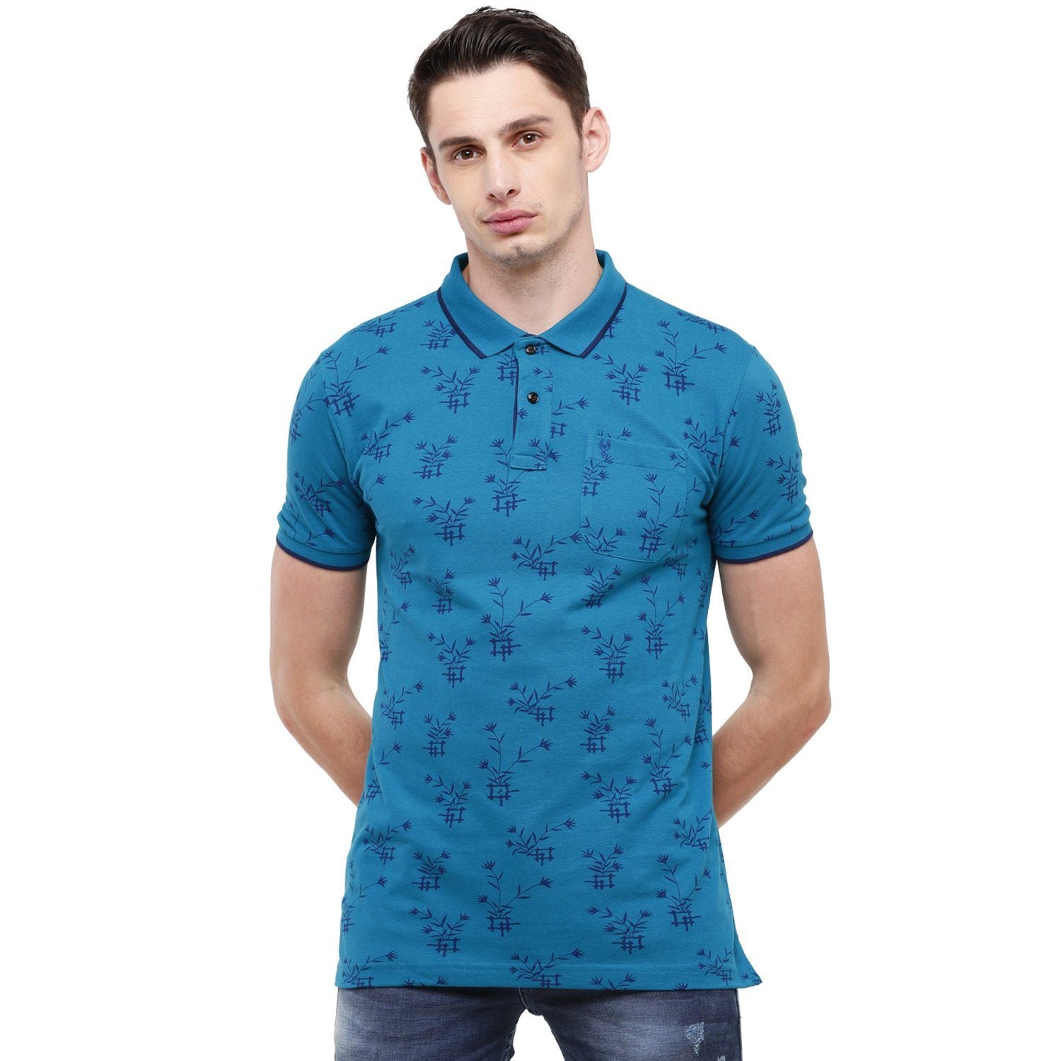 Classic Polo Mens Printed Slim Fit Half Sleeve Polo Neck Blue T-Shirt - BEAU - 147 A SF P T-shirt Classic Polo 