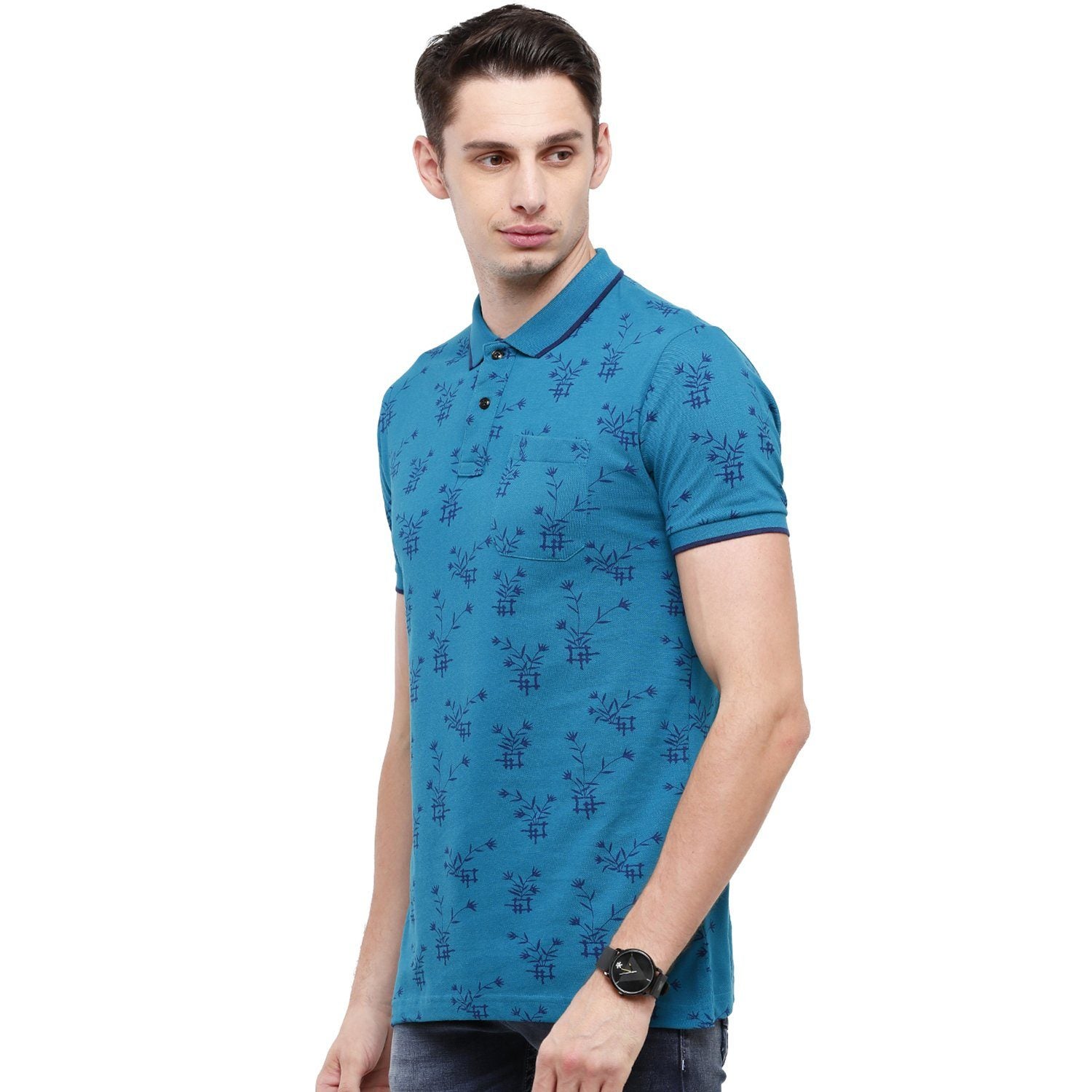 Classic Polo Mens Printed Slim Fit Half Sleeve Polo Neck Blue T-Shirt - BEAU - 147 A SF P T-shirt Classic Polo 