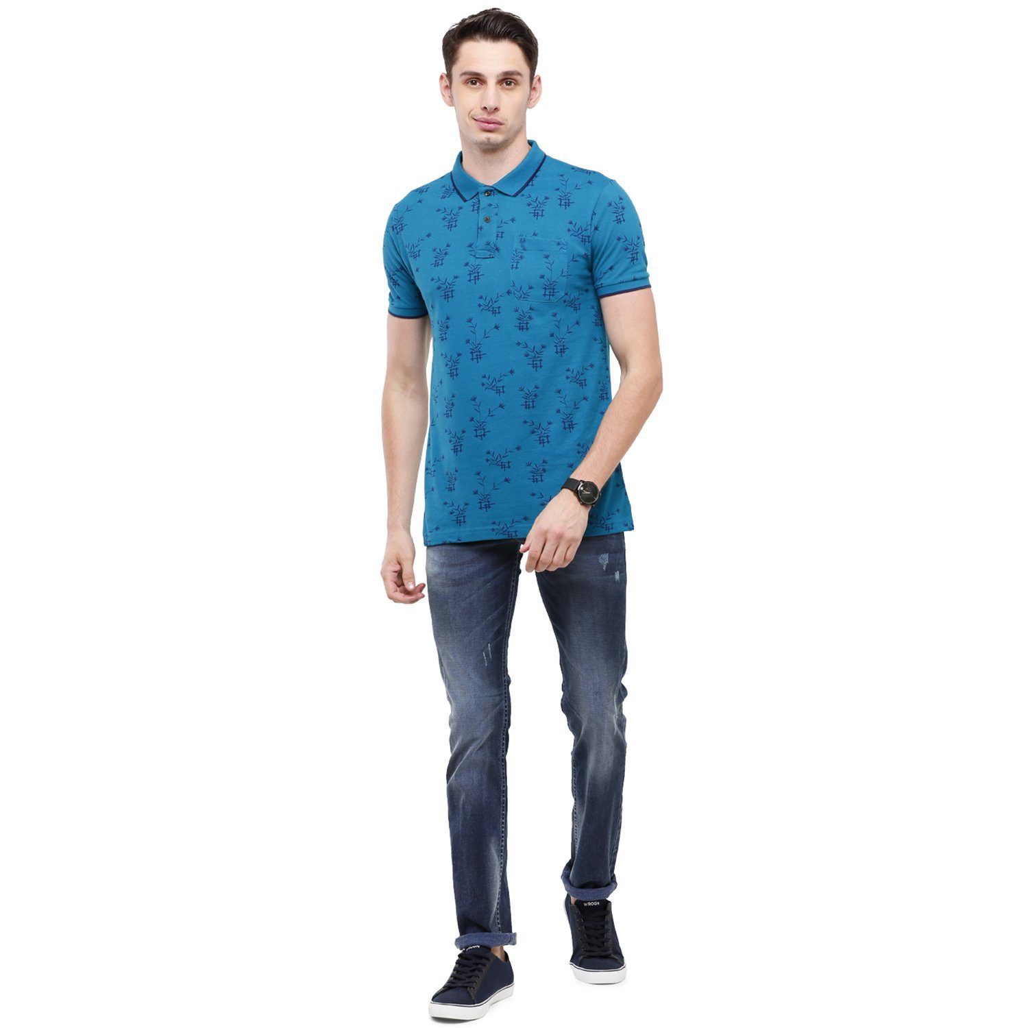 Classic Polo Mens Printed Slim Fit Half Sleeve Polo Neck Blue T-Shirt - BEAU - 147 A SF P T-shirt Classic Polo 