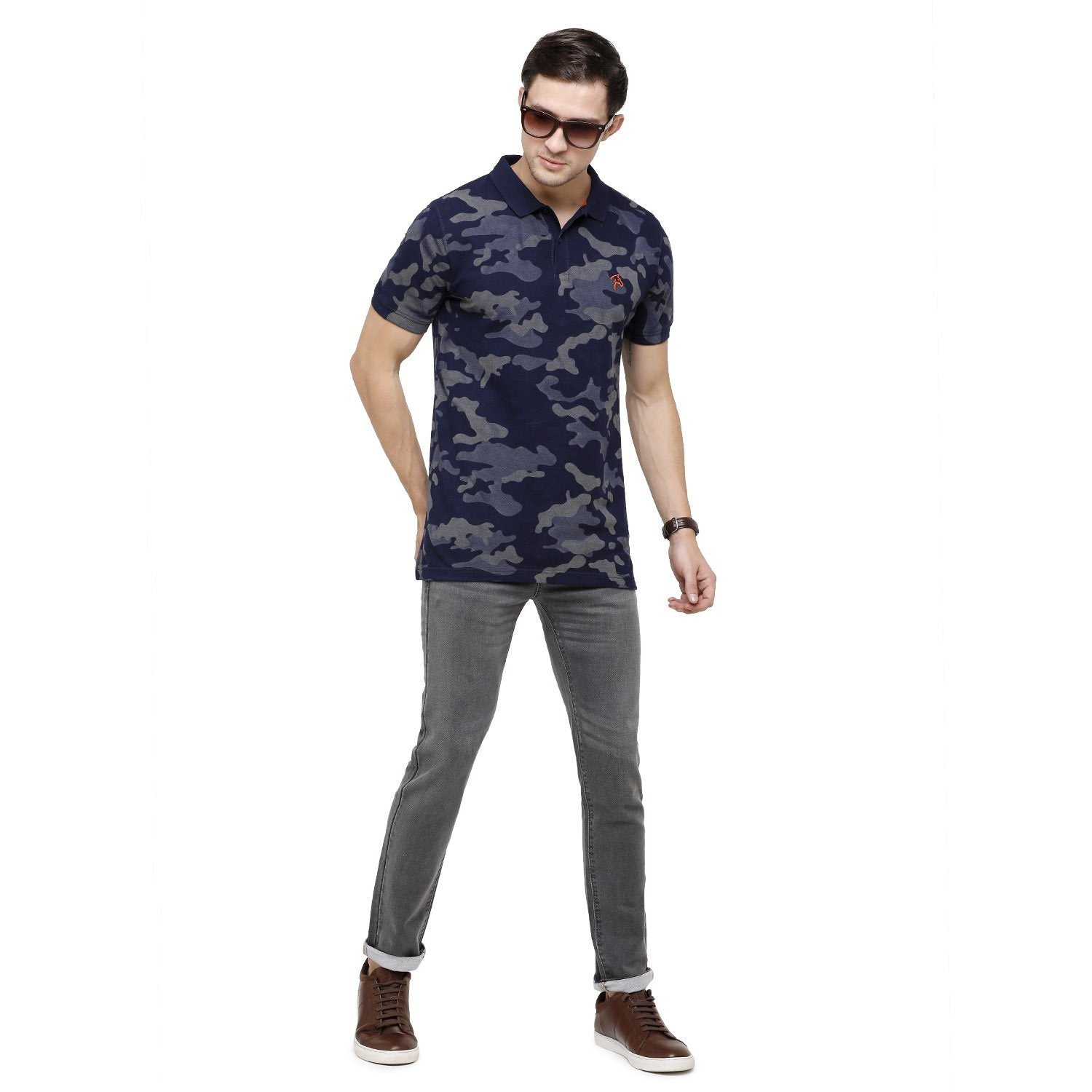 Classic Polo Mens Printed Polo Neck Half Sleeve Slim Fit 100% Cotton Indigo Fashion T-Shirt ( BIND - 87 SF P ) T-shirt Classic Polo 