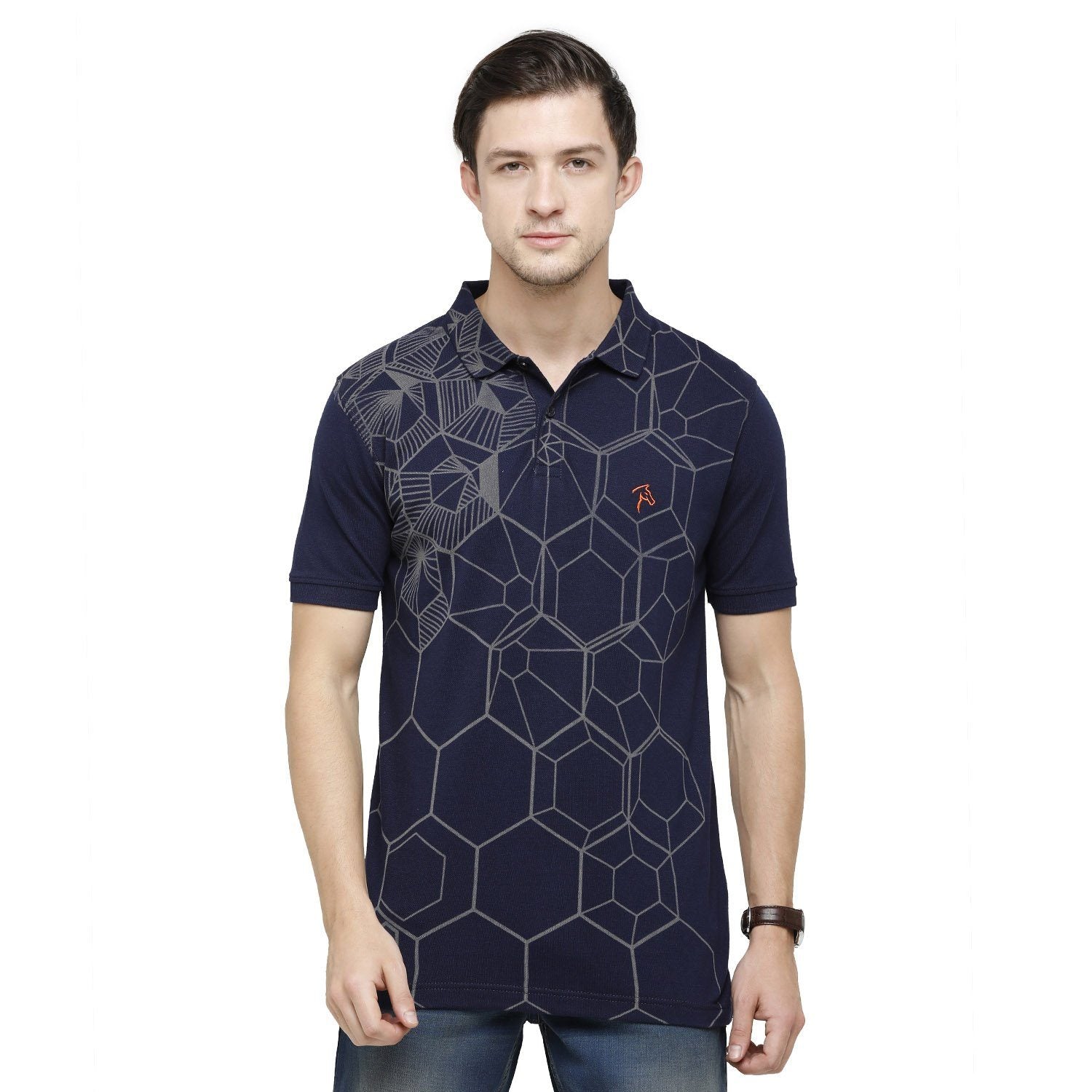 Classic Polo Mens Printed Polo Neck Half Sleeve Slim Fit 100% Cotton Indigo Fashion T-Shirt ( BIND - 89 SF P ) T-shirt Classic Polo 