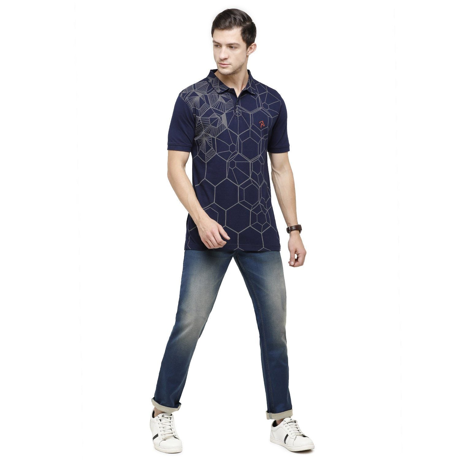 Classic Polo Mens Printed Polo Neck Half Sleeve Slim Fit 100% Cotton Indigo Fashion T-Shirt ( BIND - 89 SF P ) T-shirt Classic Polo 