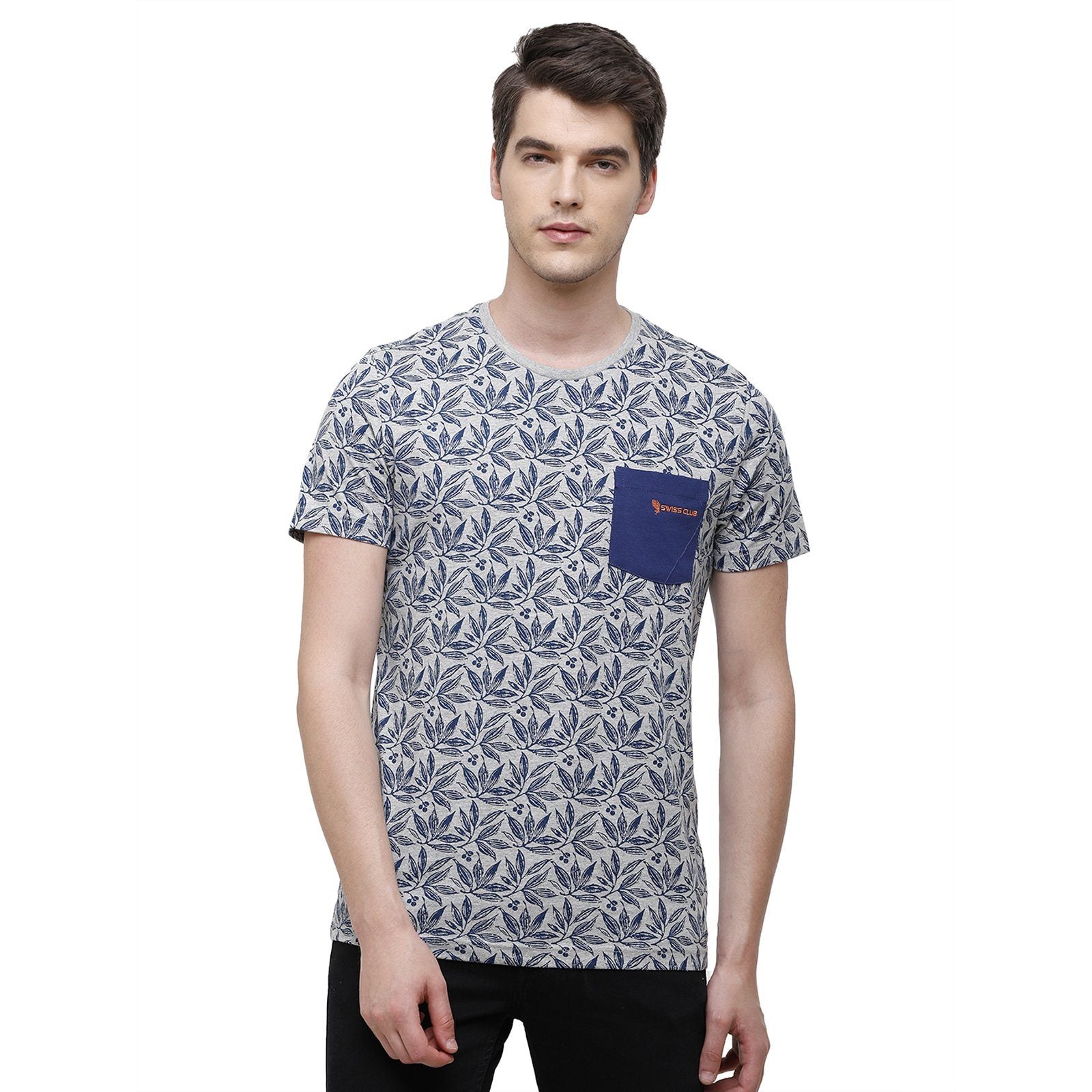 Swiss Club Men's Slim Fit Crew Neck Half Sleeve Floral Cotton Blend Royal Blue T-Shirt CUB - 34 A SF C T-shirt Swiss Club 