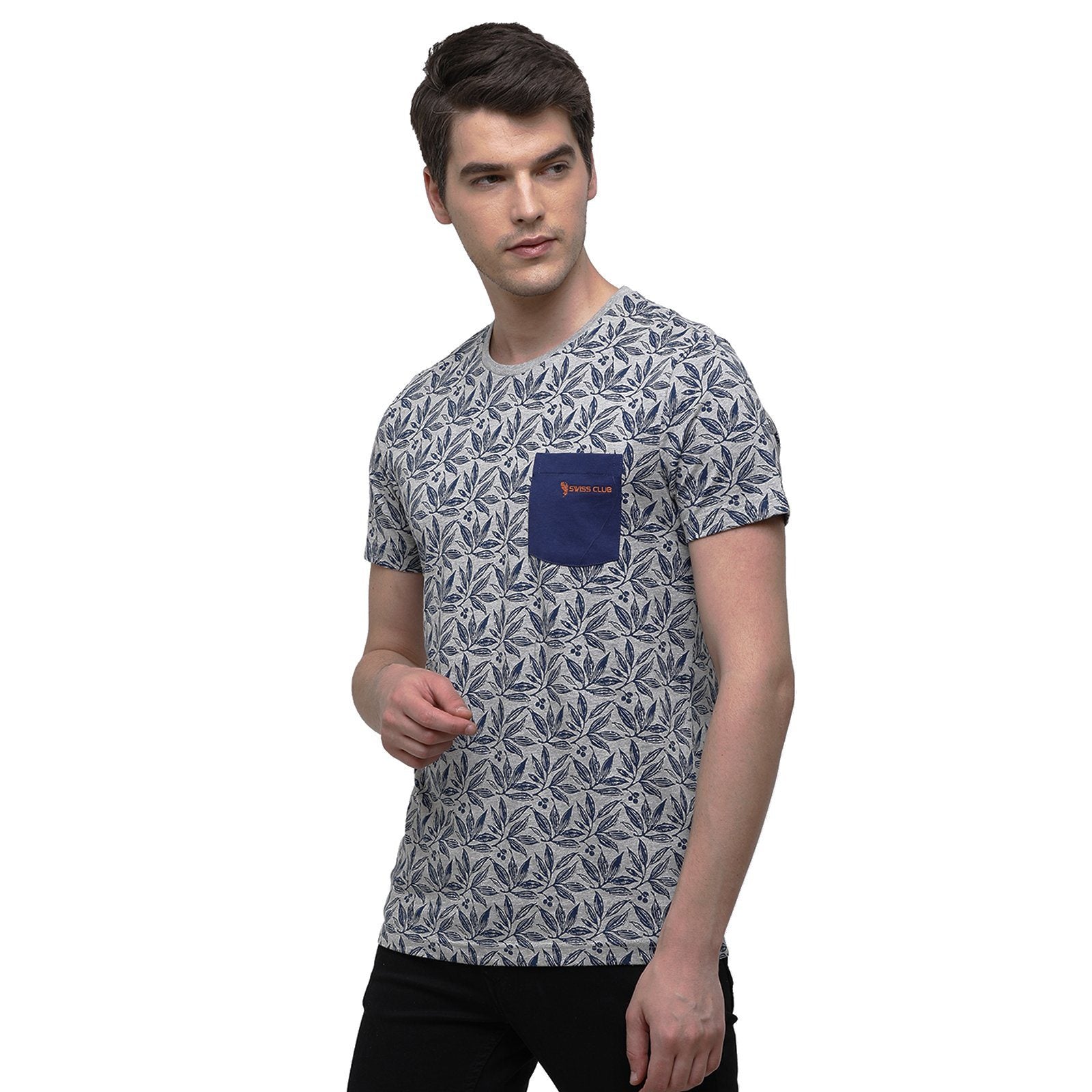 Swiss Club Men's Slim Fit Crew Neck Half Sleeve Floral Cotton Blend Royal Blue T-Shirt CUB - 34 A SF C T-shirt Swiss Club 