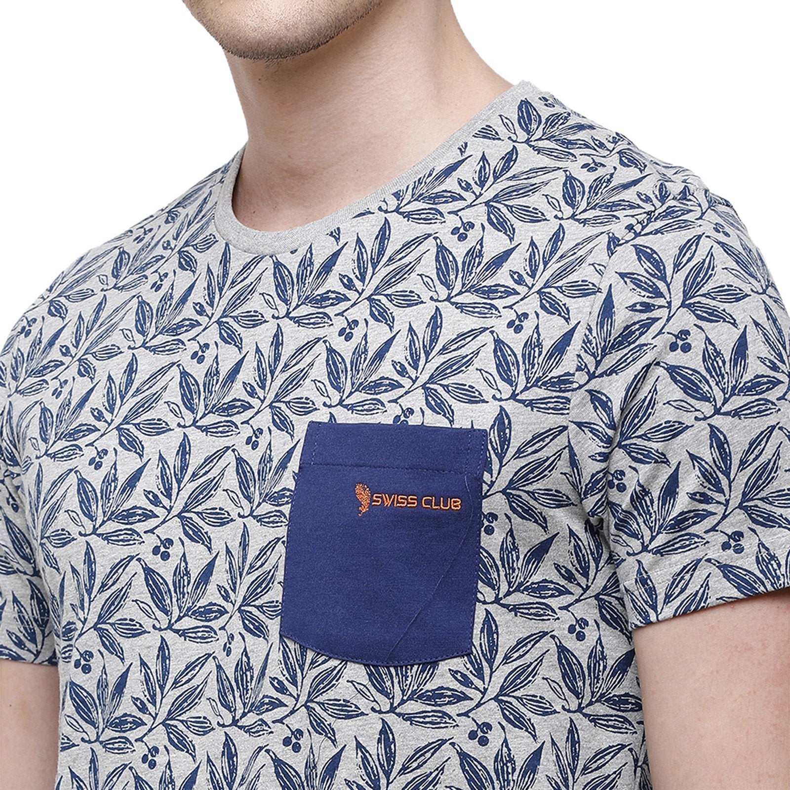 Swiss Club Men's Slim Fit Crew Neck Half Sleeve Floral Cotton Blend Royal Blue T-Shirt CUB - 34 A SF C T-shirt Swiss Club 