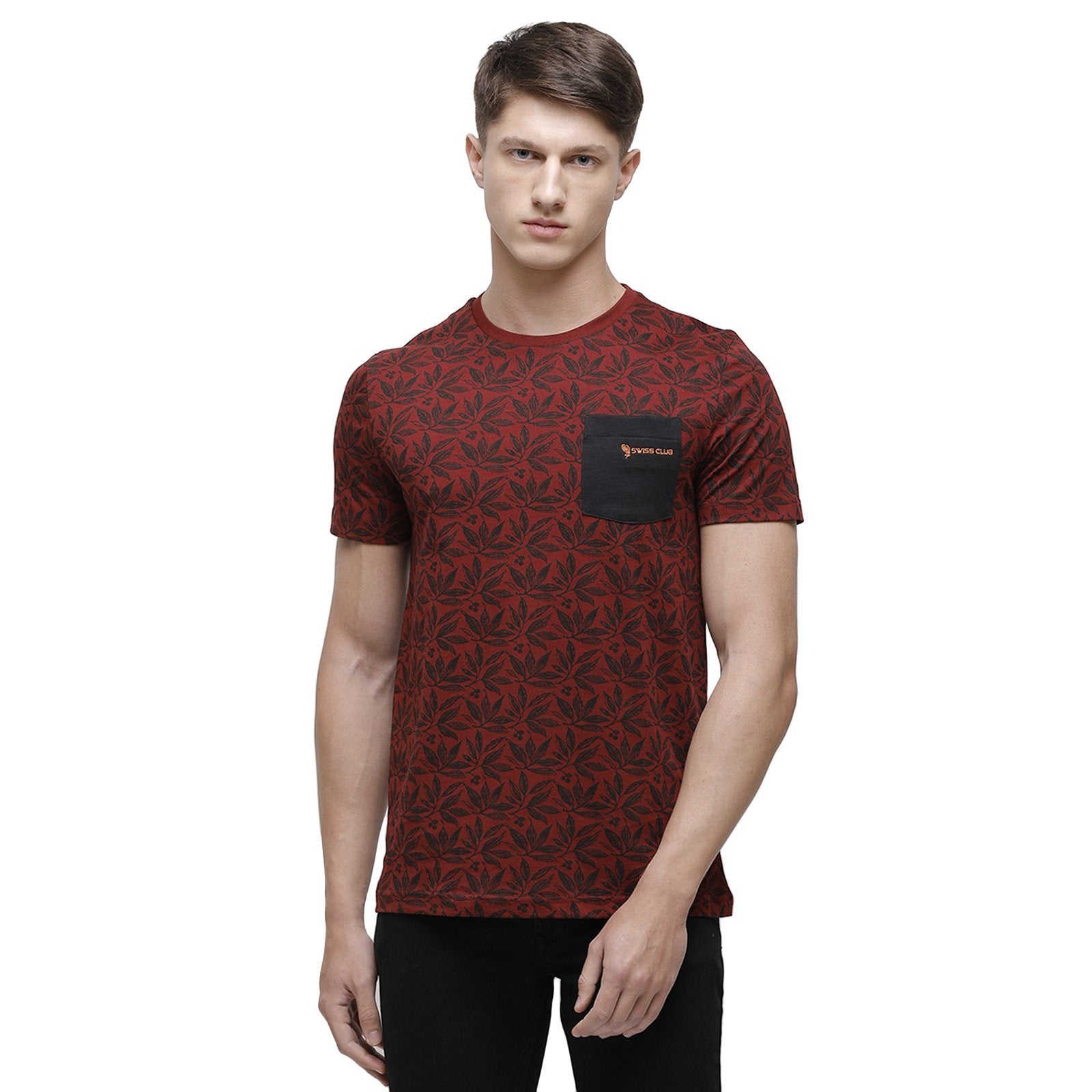 Swiss club Men's Round Neck Half Sleeve Maroon Cotton Slim Fit T-Shirt CUB - 34 B SF C T-shirt Swiss Club 