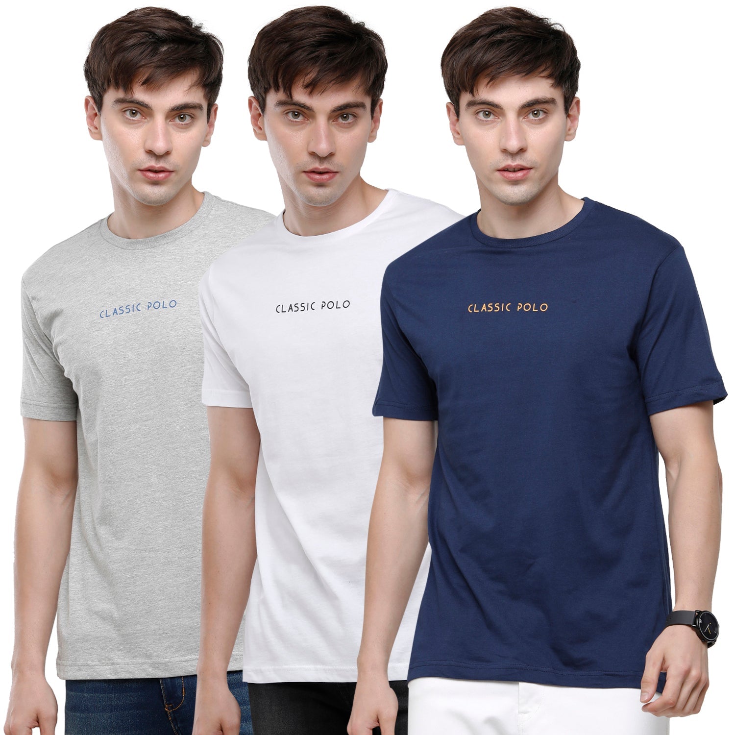 Classic Polo Mens 100% Cotton Solid Half Sleeve Round Neck T-Shirt (Trio Pack) - Ceres-01 T-shirt Classic Polo 