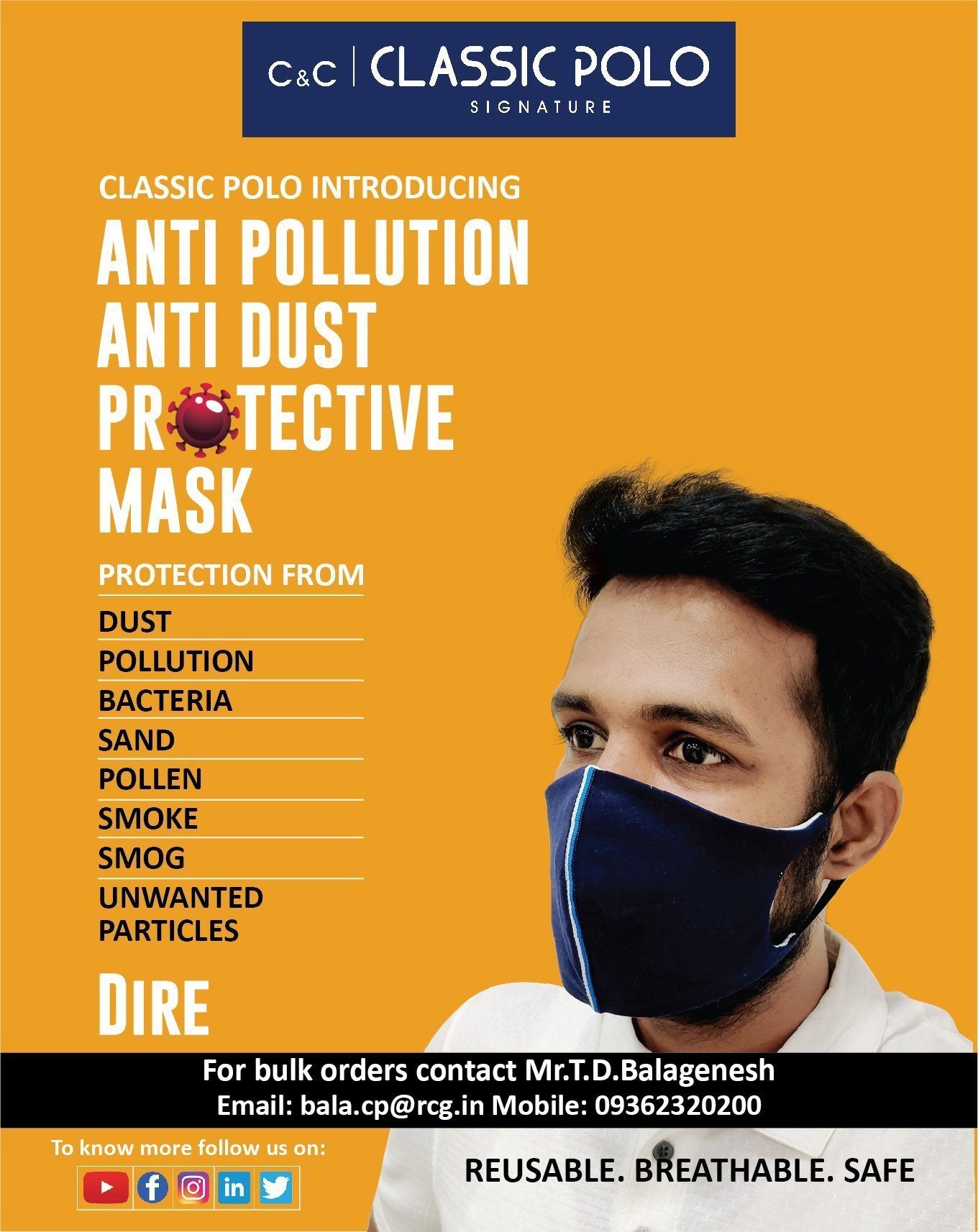 Anti-Pollution Mask Pack of 2 - Dire FACE MASK Classic Polo 
