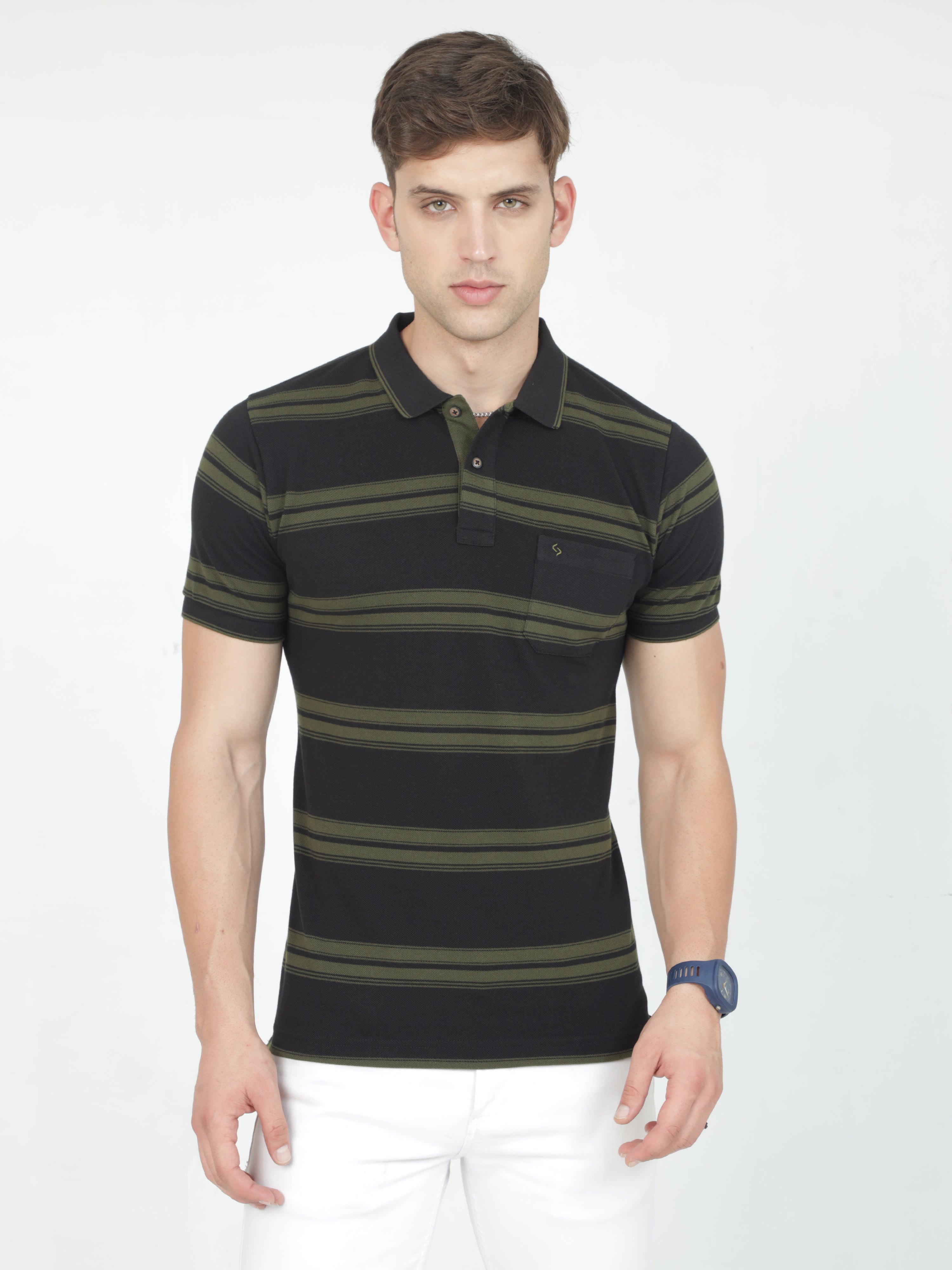 Classic Polo Mens Casual Black/Olive Striped Cotton T-Shirt | F-ADORE - 105 B SF P