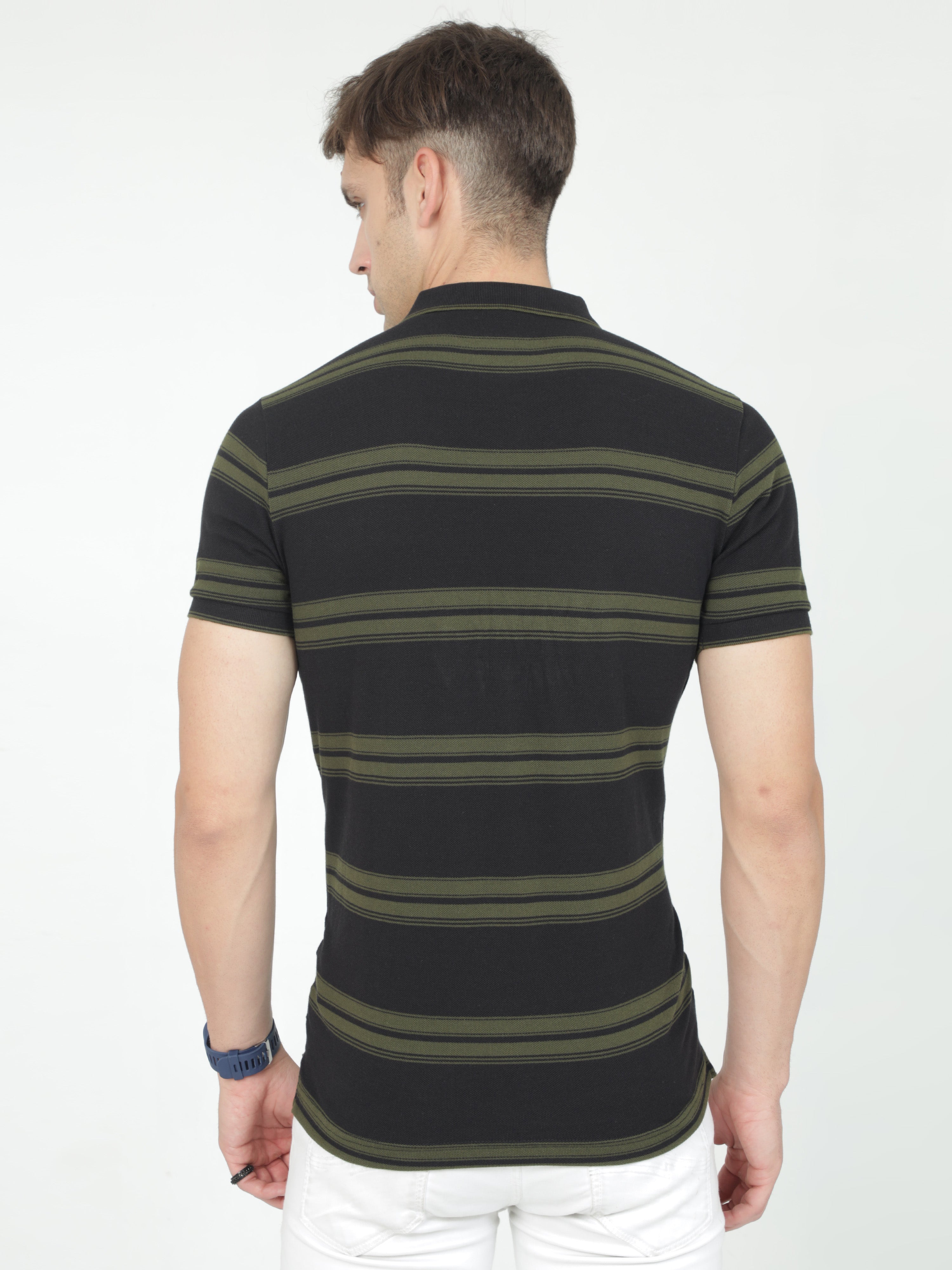 Classic Polo Mens Casual Black/Olive Striped Cotton T-Shirt | F-ADORE - 105 B SF P