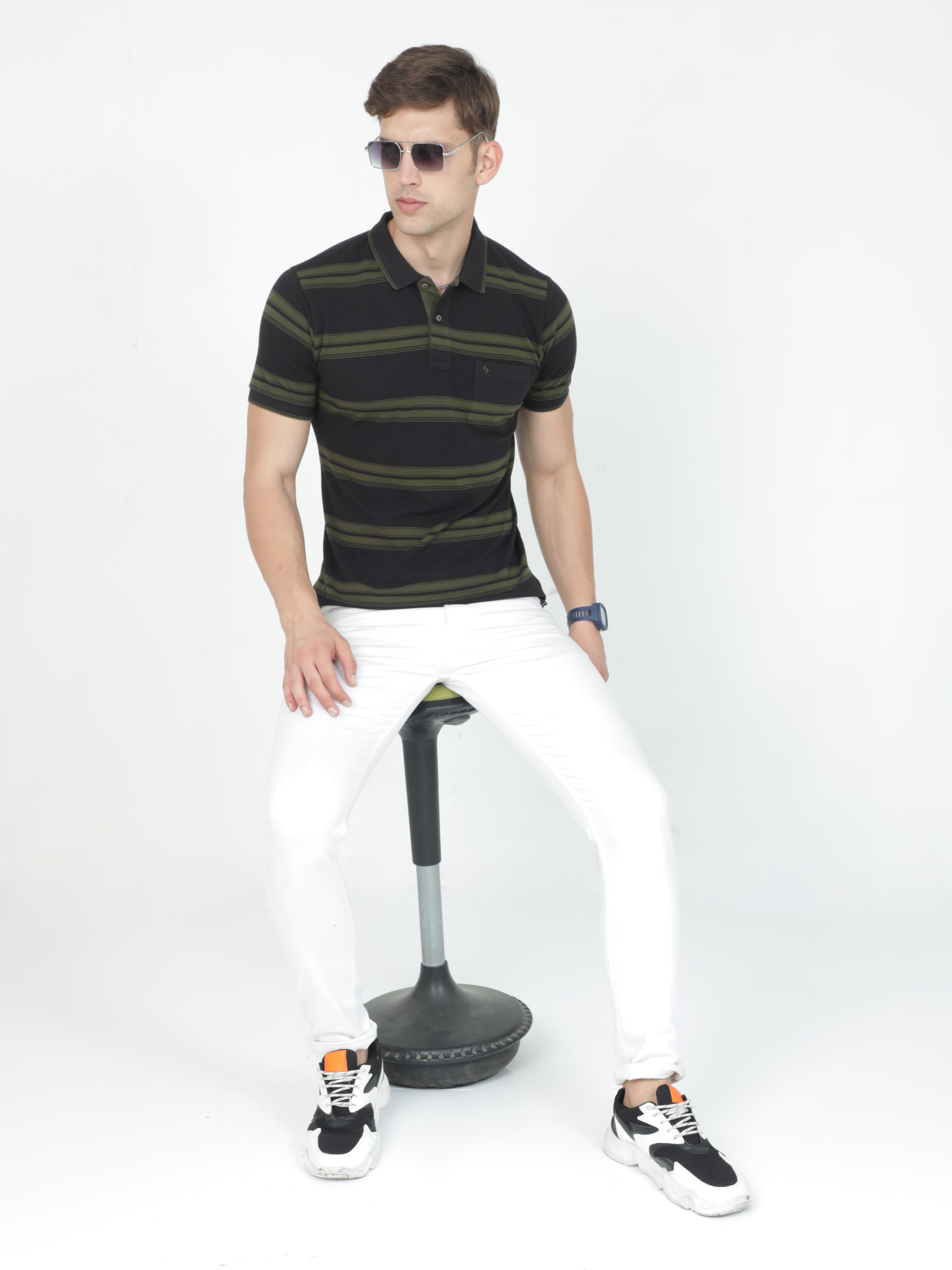 Classic Polo Mens Casual Black/Olive Striped Cotton T-Shirt | F-ADORE - 105 B SF P