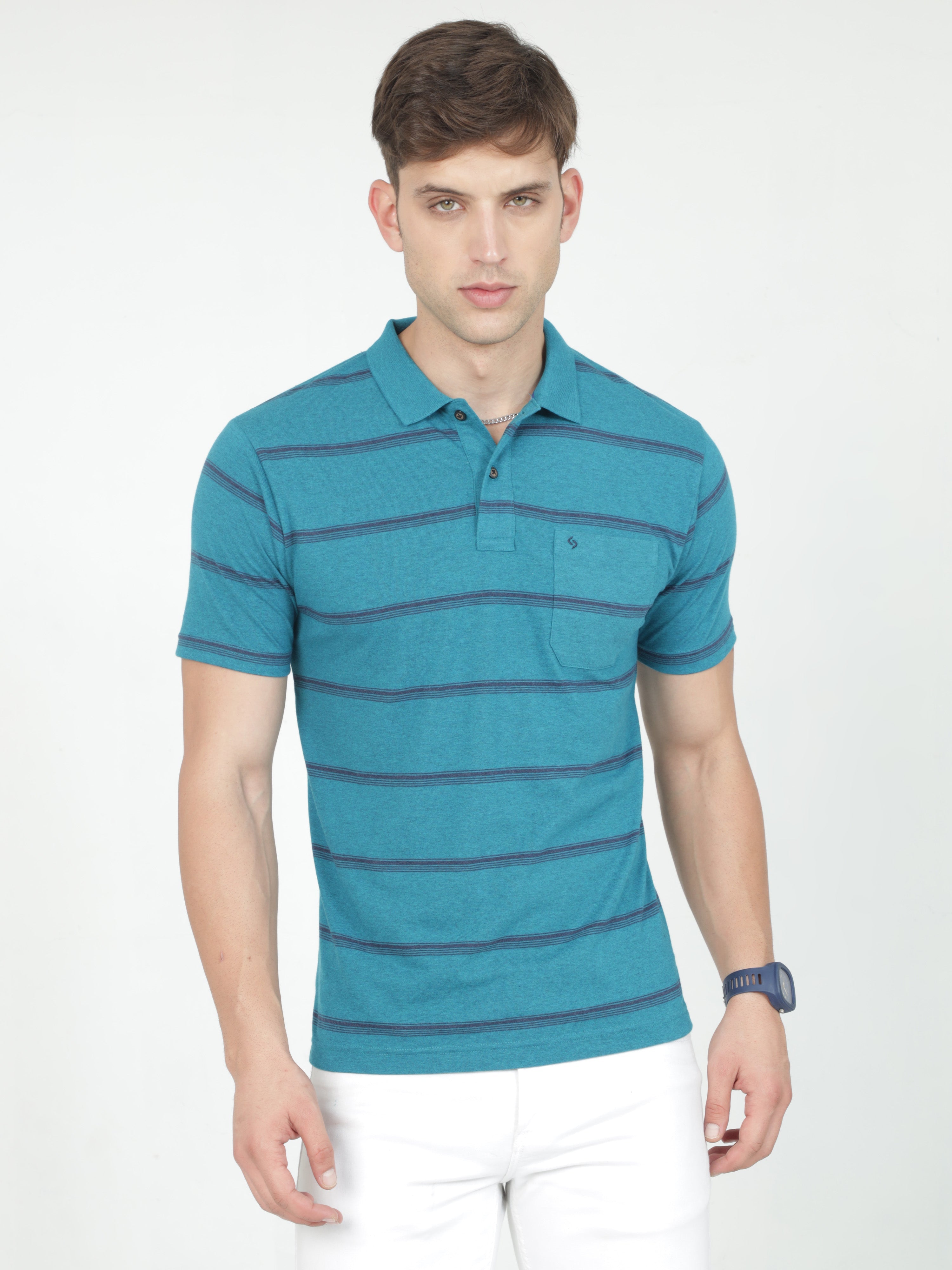 Classic Polo Mens Casual Teal Melange Striped Cotton T-Shirt | F-AVON - 115 B AF P