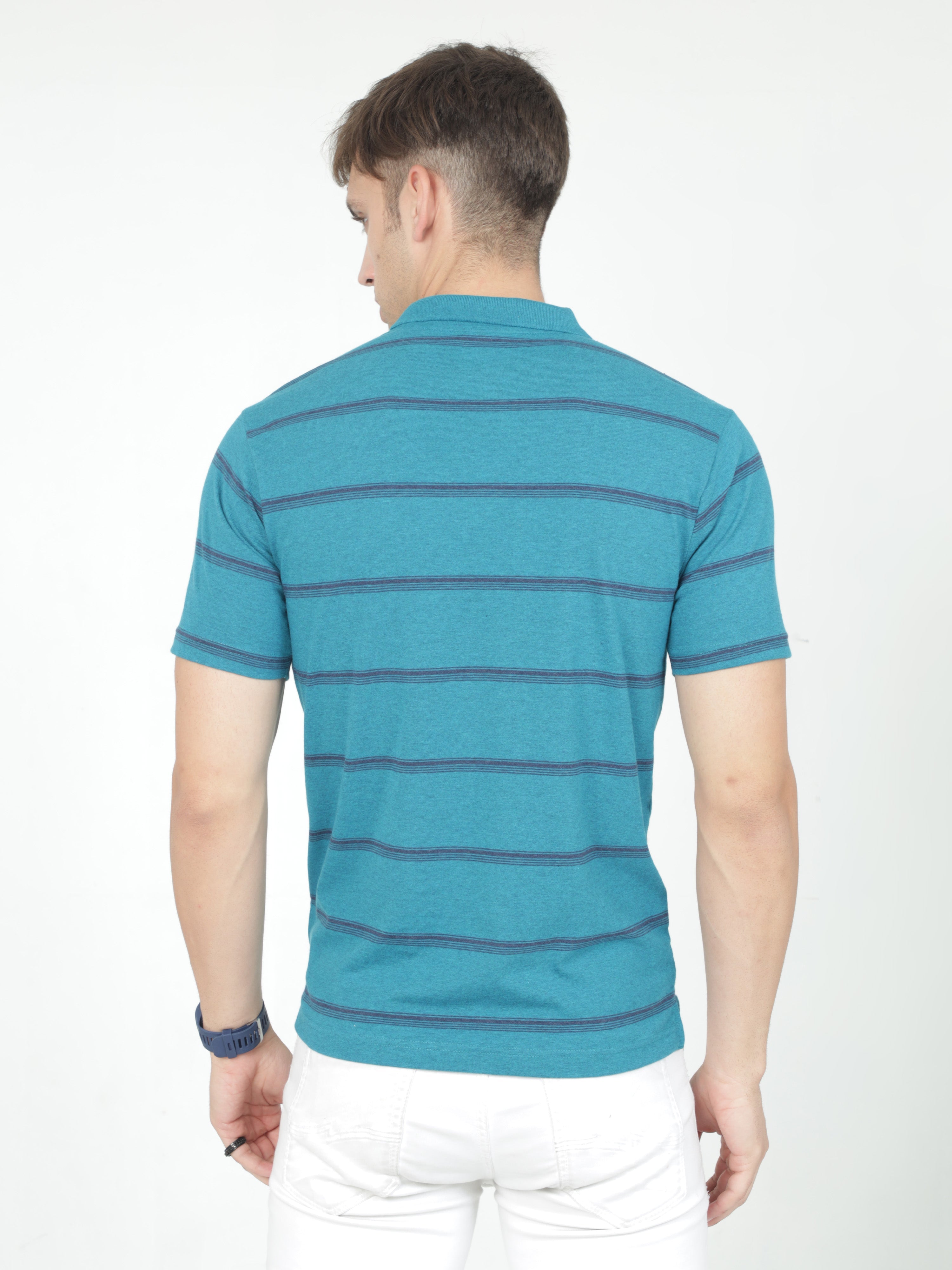 Classic Polo Mens Casual Teal Melange Striped Cotton T-Shirt | F-AVON - 115 B AF P