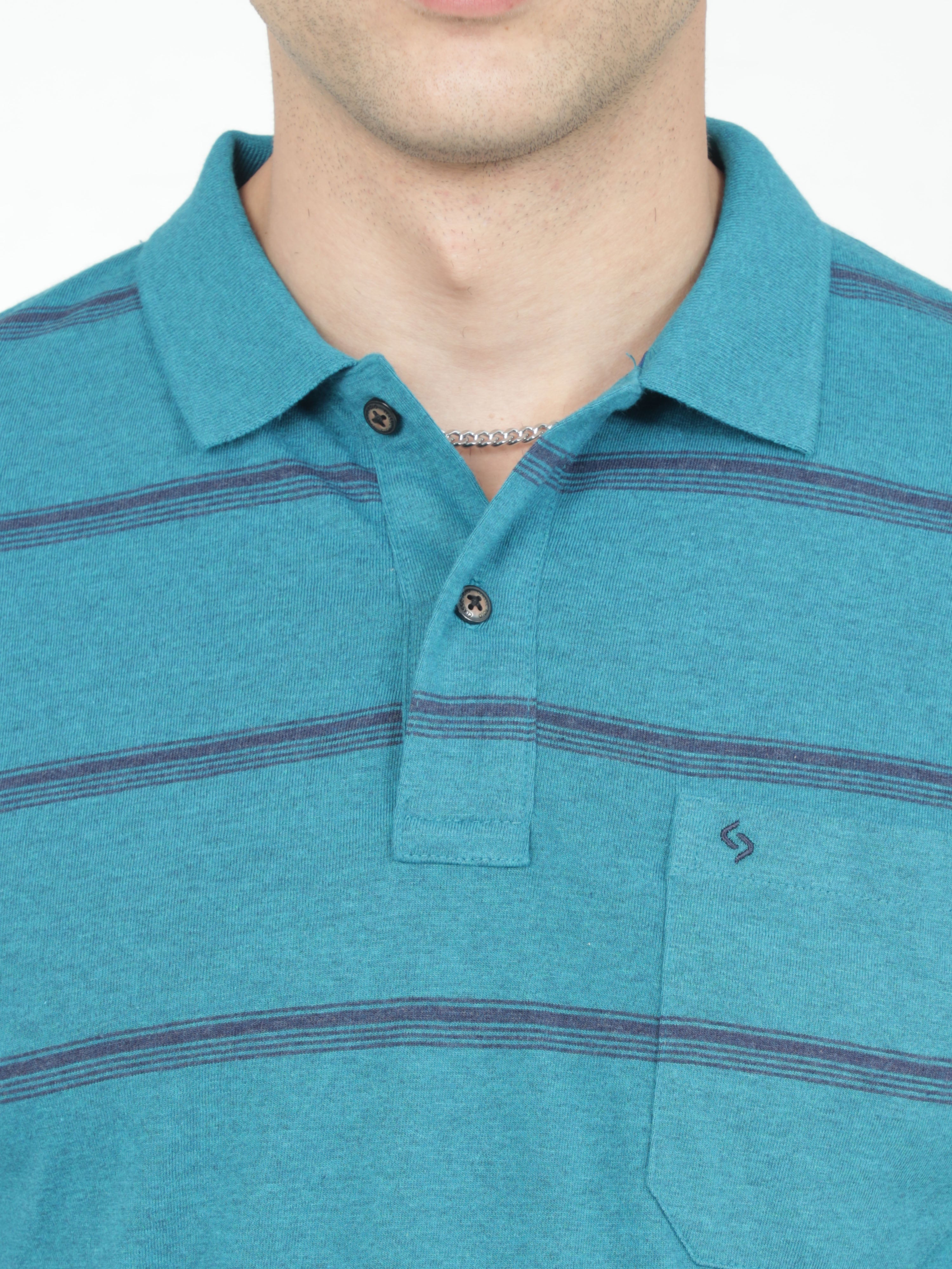Classic Polo Mens Casual Teal Melange Striped Cotton T-Shirt | F-AVON - 115 B AF P