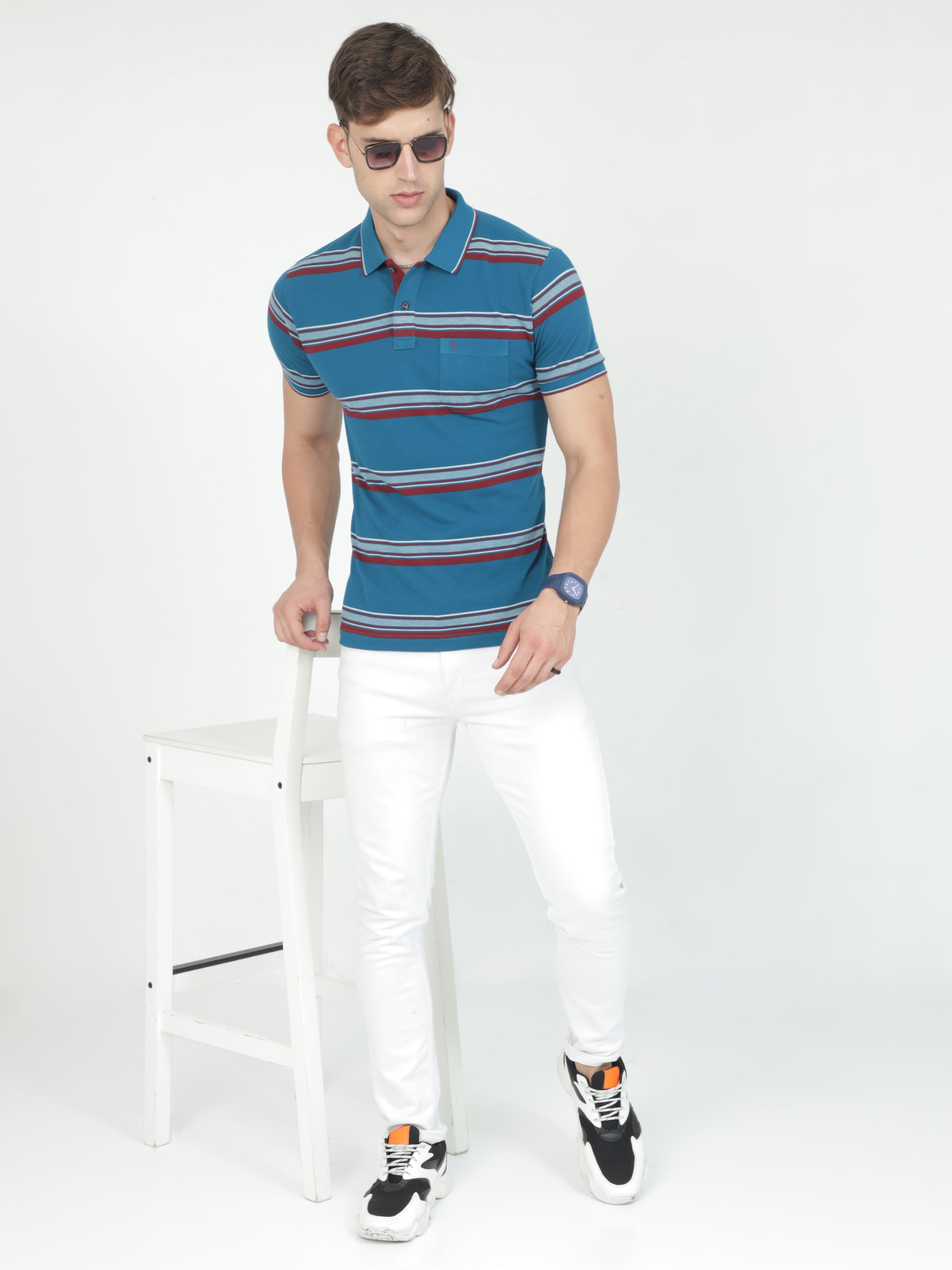 Classic Polo Mens Casual Blue Striped Cotton T-Shirt | F-ADORE - 104 A SF P
