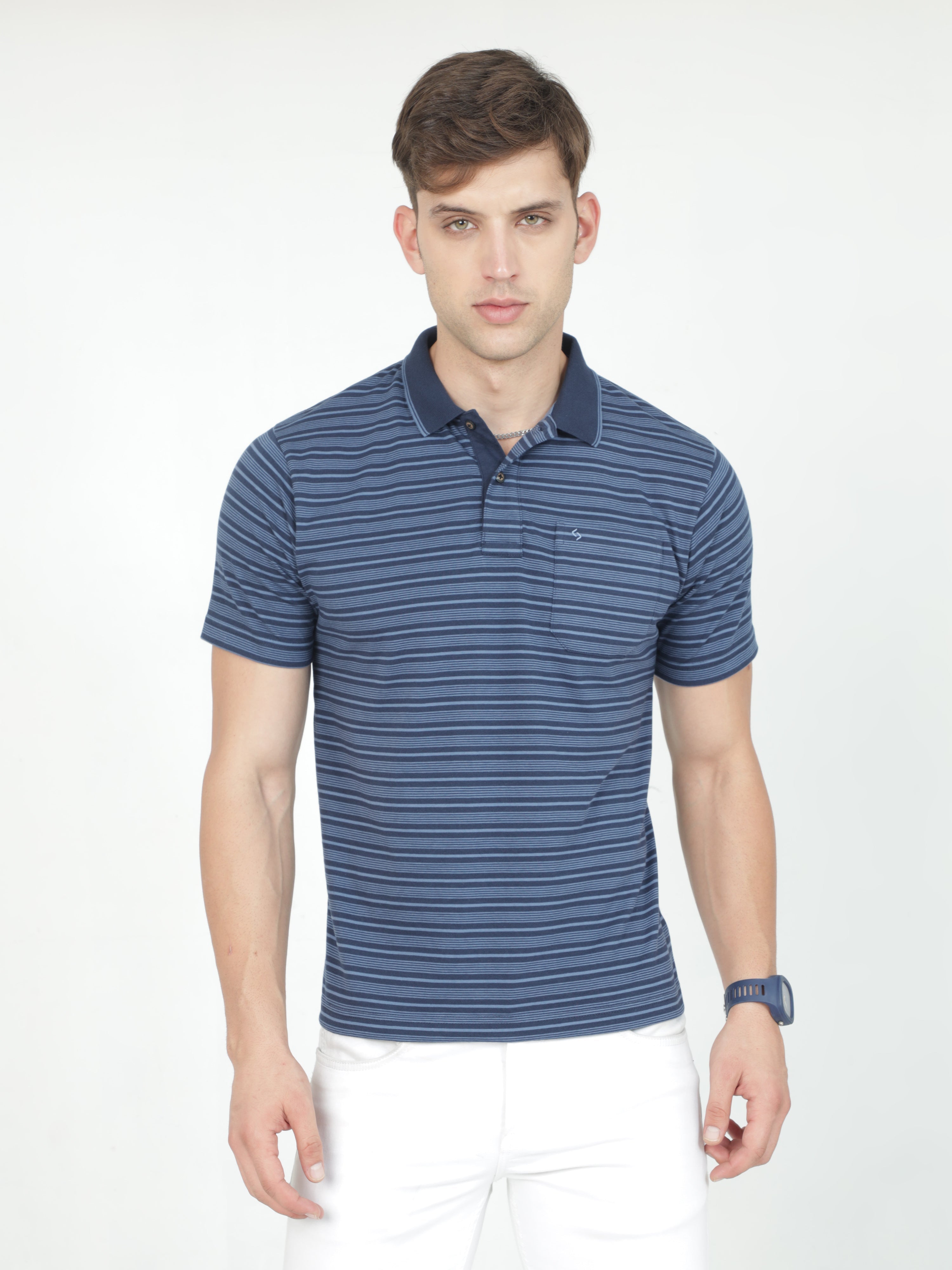 Classic Polo Mens Casual Navy Blue Striped Cotton T-Shirt | F-FEEDERS - 110 A AF P