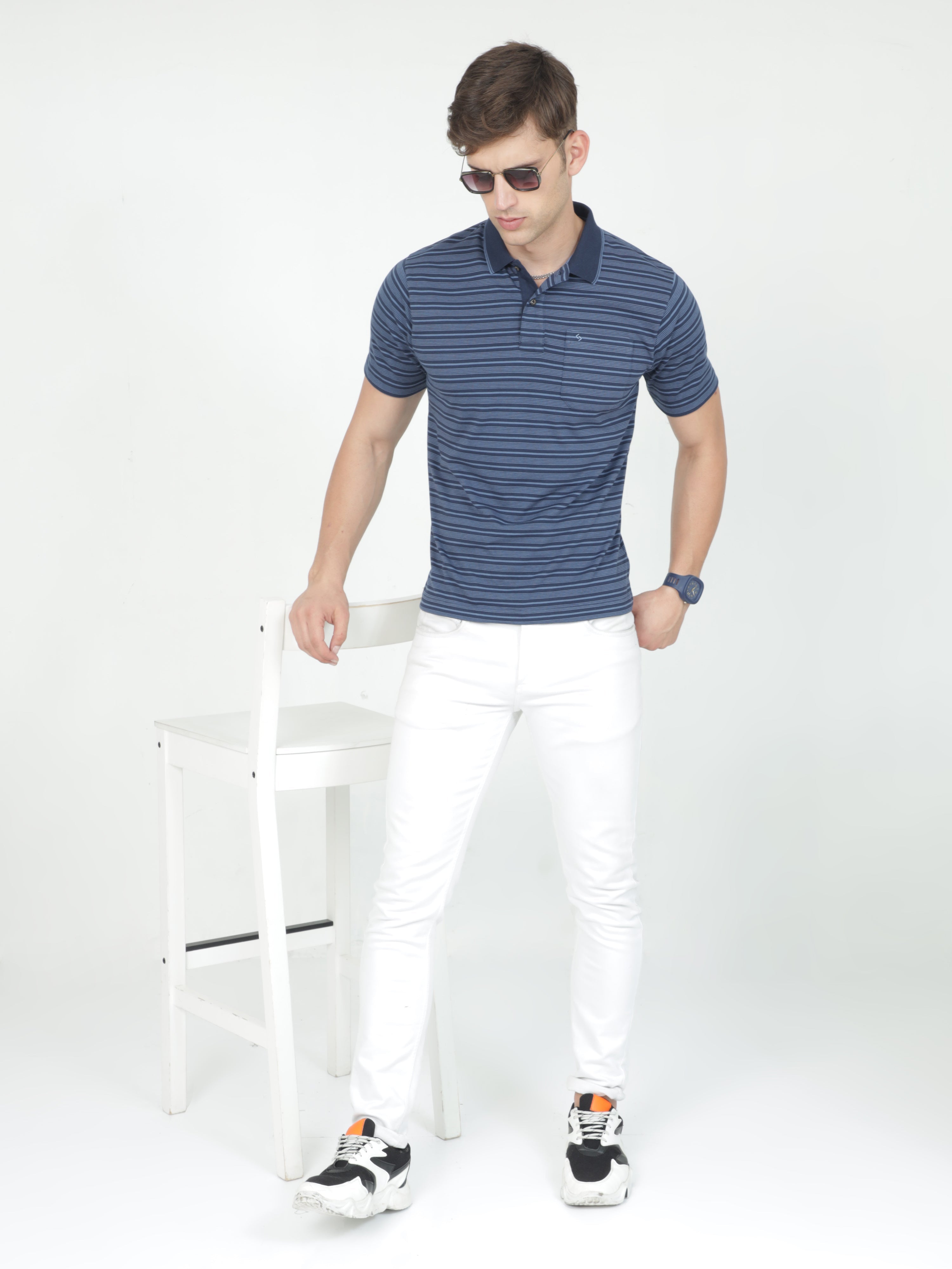 Classic Polo Mens Casual Navy Blue Striped Cotton T-Shirt | F-FEEDERS - 110 A AF P