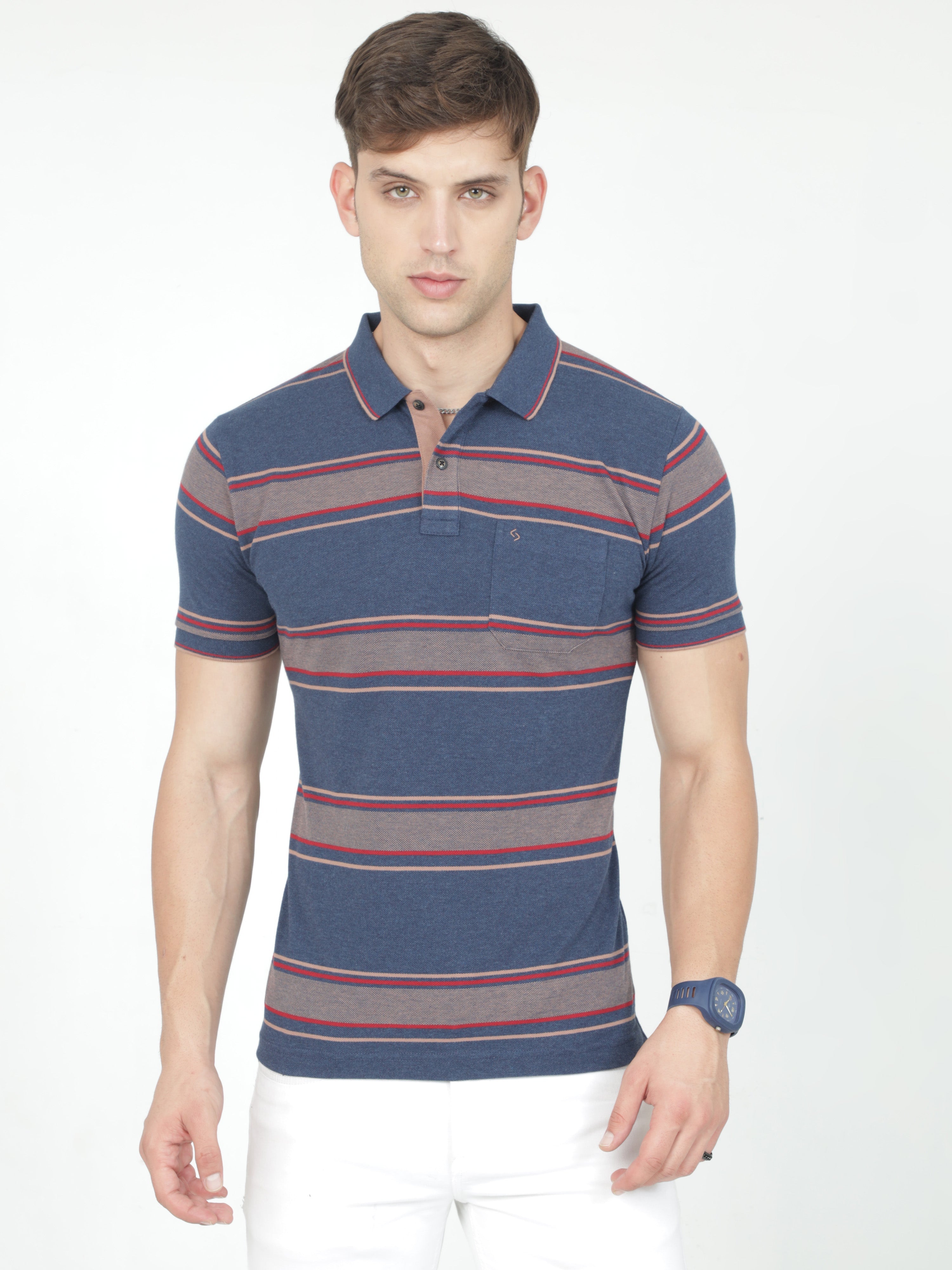 Classic Polo Mens Casual Navy Melange Striped Cotton T-Shirt | F-ADORE - 108 B SF P