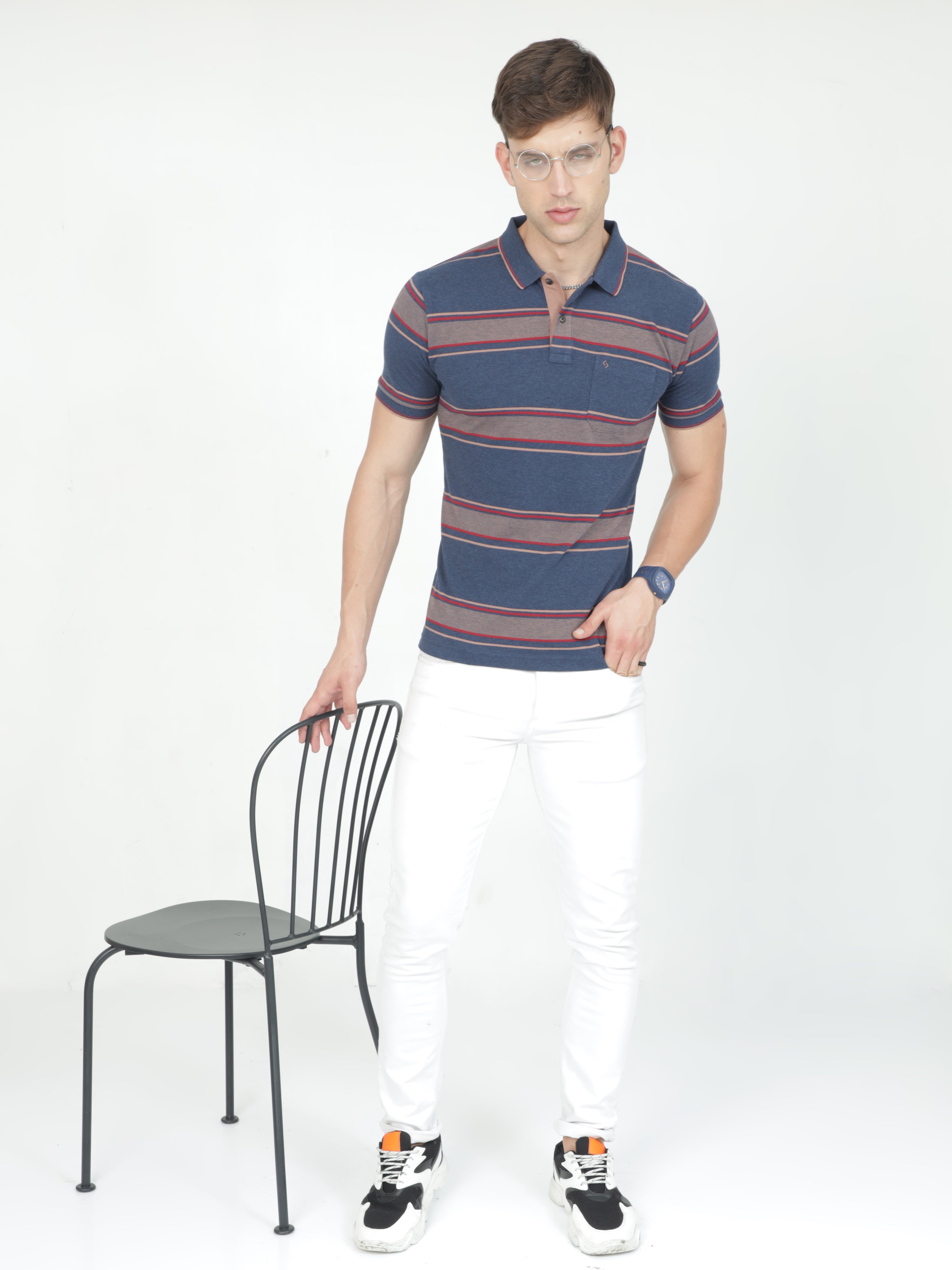 Classic Polo Mens Casual Navy Melange Striped Cotton T-Shirt | F-ADORE - 108 B SF P