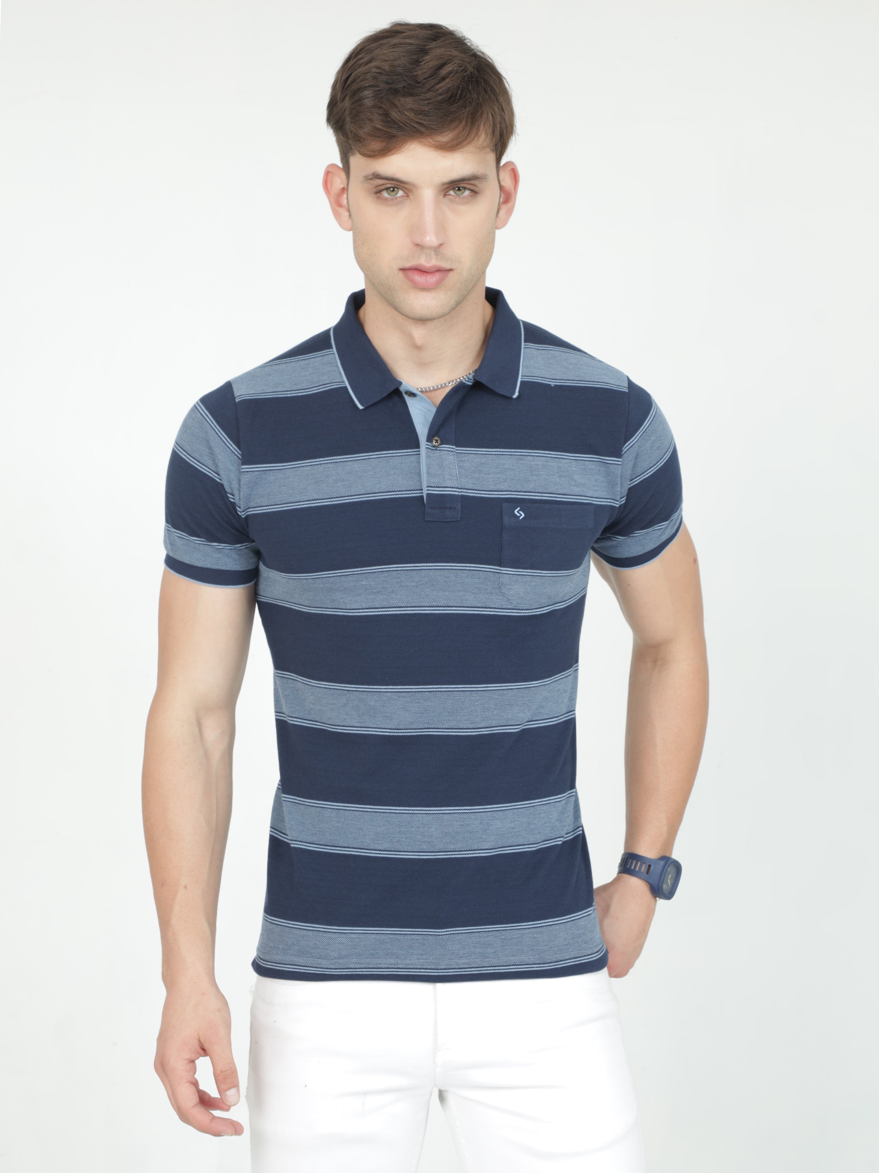 Classic Polo Mens Casual Navy Blue Striped Cotton T-Shirt | F-ADORE - 110 A SF P