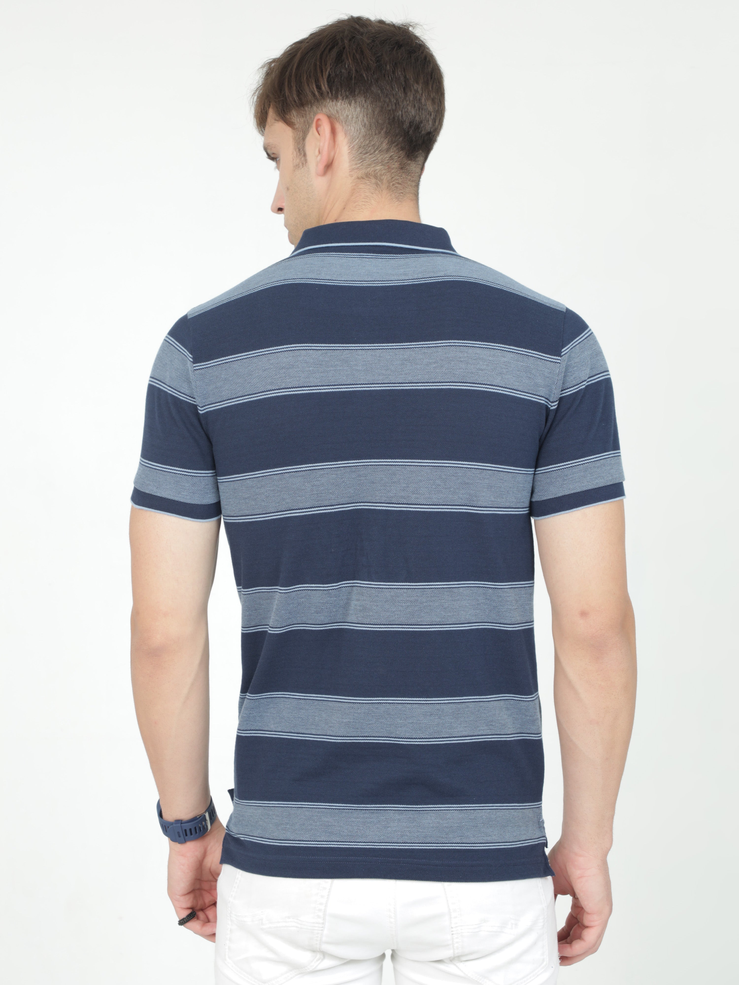 Classic Polo Mens Casual Navy Blue Striped Cotton T-Shirt | F-ADORE - 110 A SF P