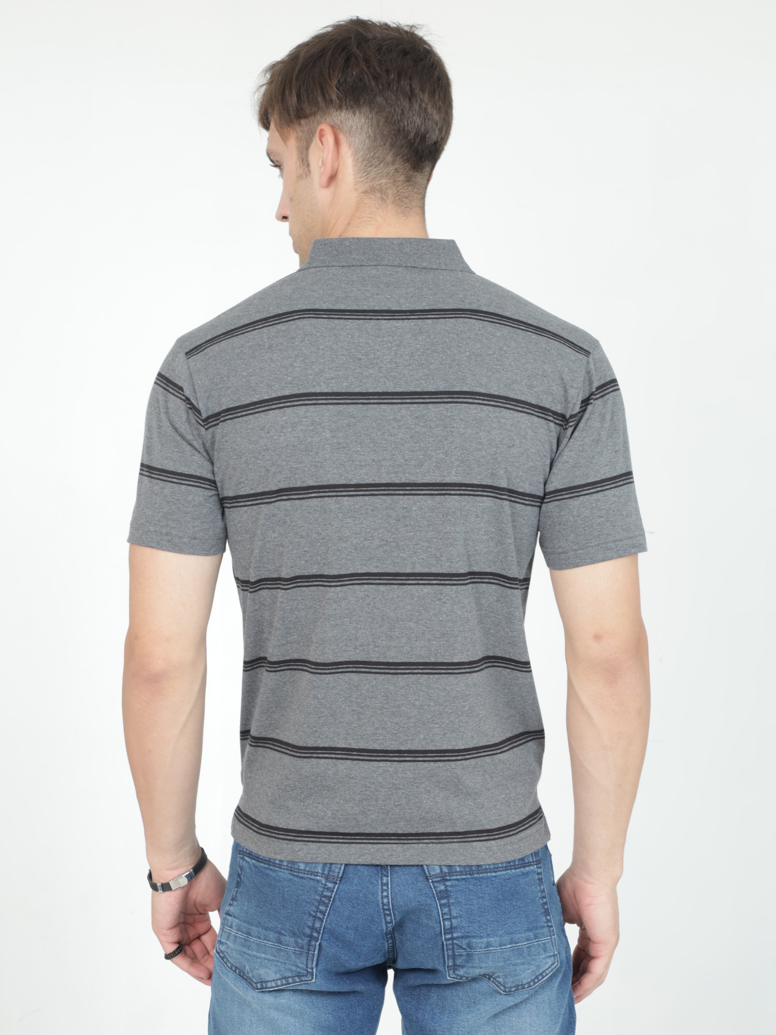 Classic Polo Mens Casual Charcoal Melange Striped Cotton T-Shirt | F-AVON - 117 B AF P