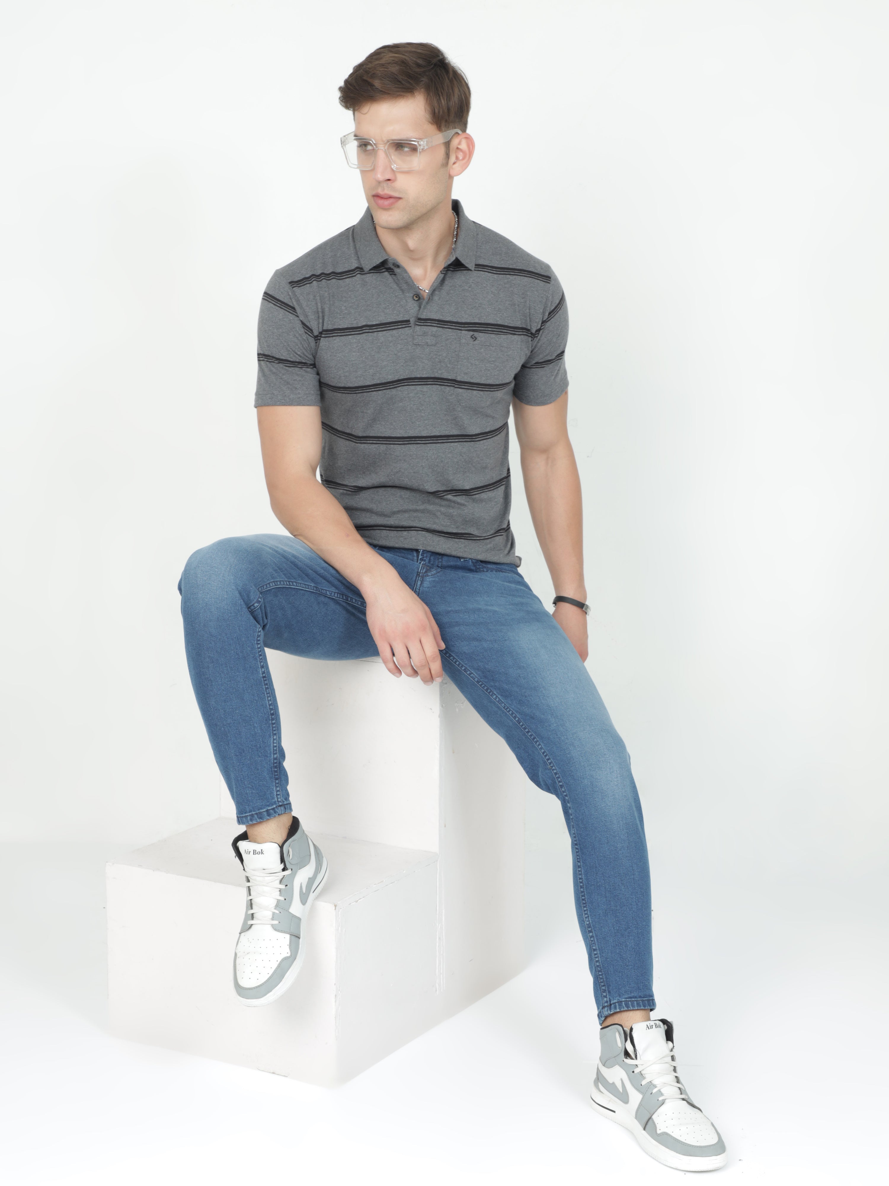 Classic Polo Mens Casual Charcoal Melange Striped Cotton T-Shirt | F-AVON - 117 B AF P