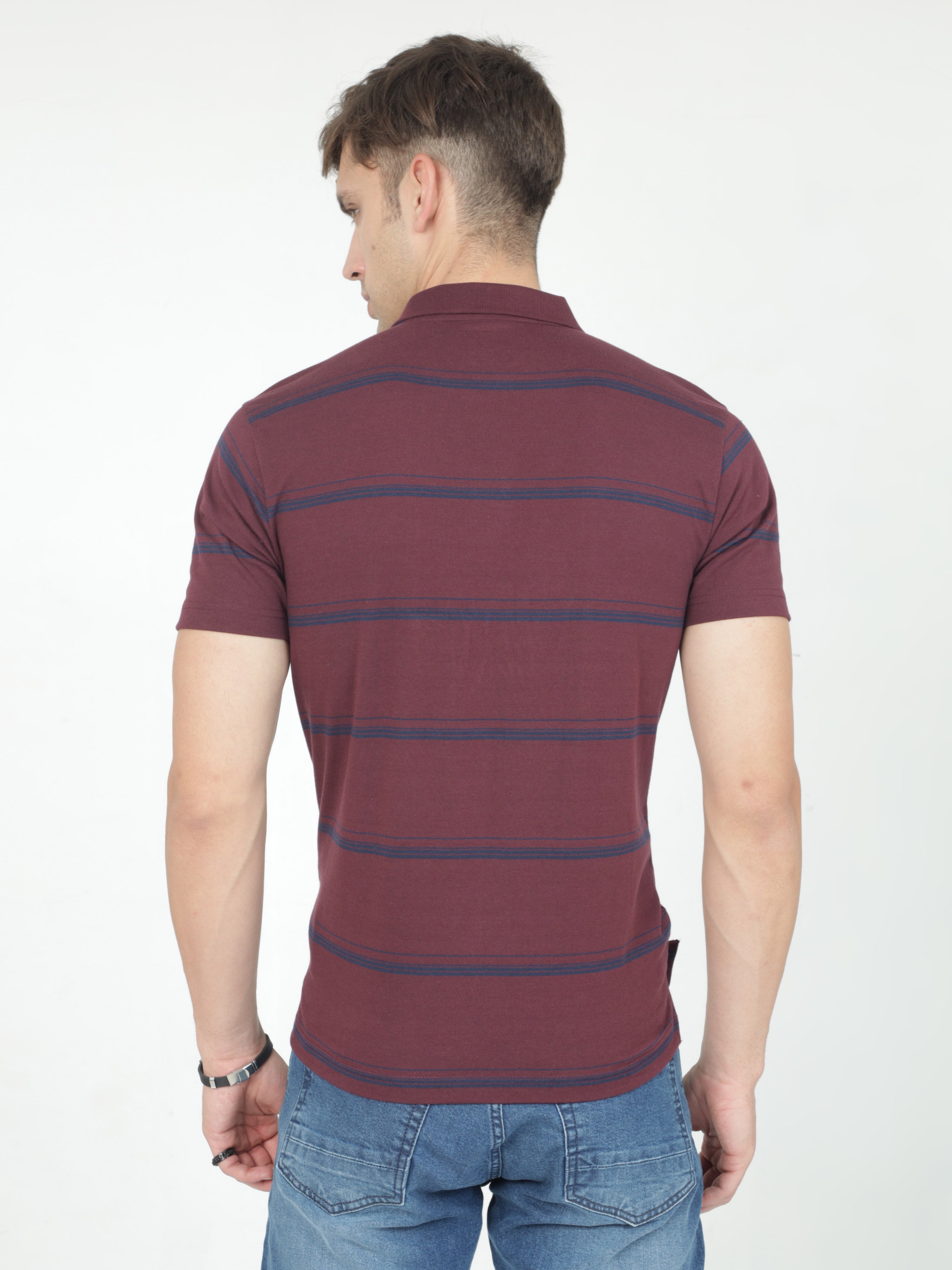 Classic Polo Mens Casual Burgundy Striped Cotton T-Shirt | F-AVON - 110 A AF P