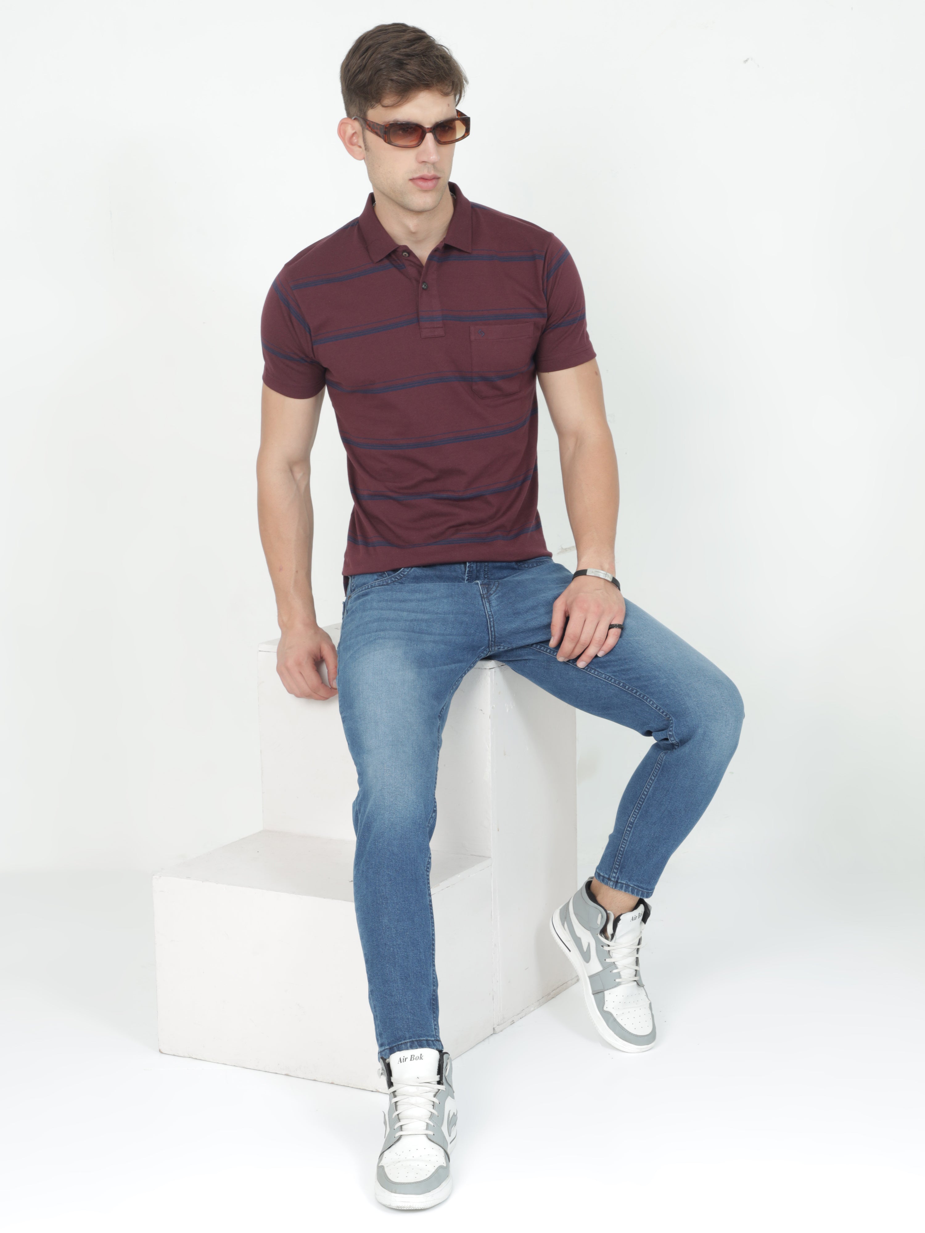 Classic Polo Mens Casual Burgundy Striped Cotton T-Shirt | F-AVON - 110 A AF P